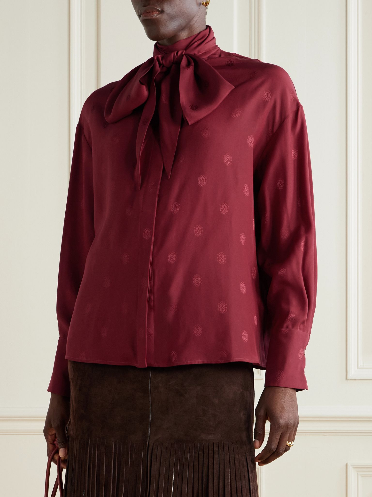 Pussy-bow silk-jacquard blouse Burgundy - 3
