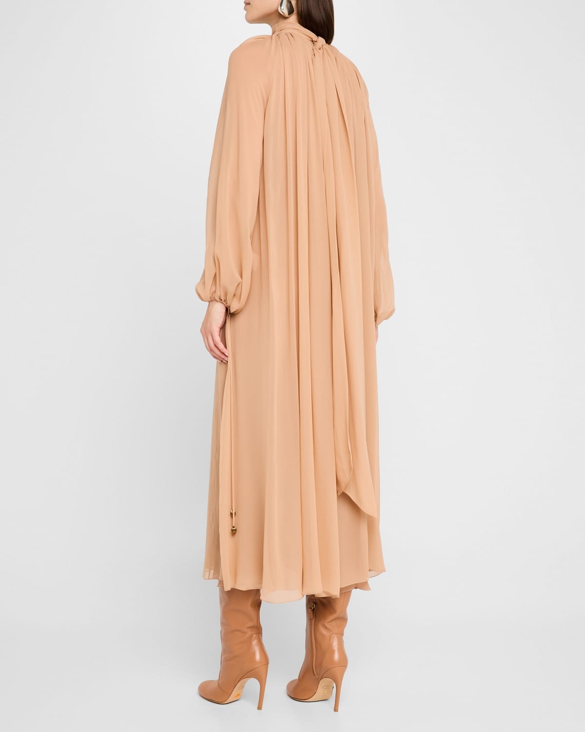 High-Neck Tie Long-Sleeve Silk Gown - 3