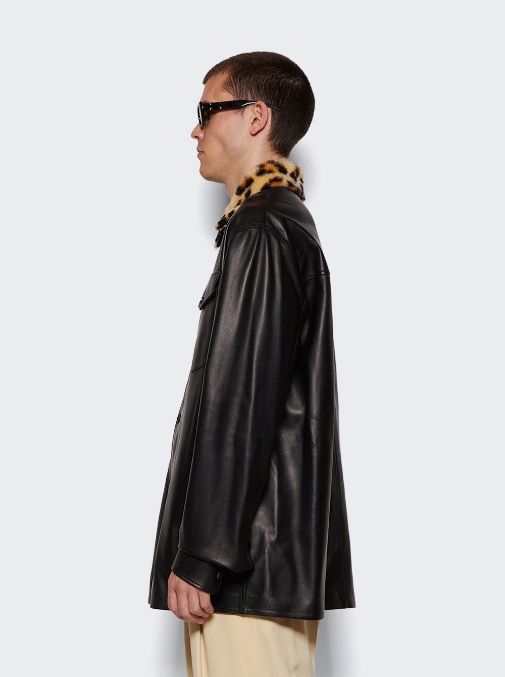 Leather Shirt With Shearling Collar Black - 4