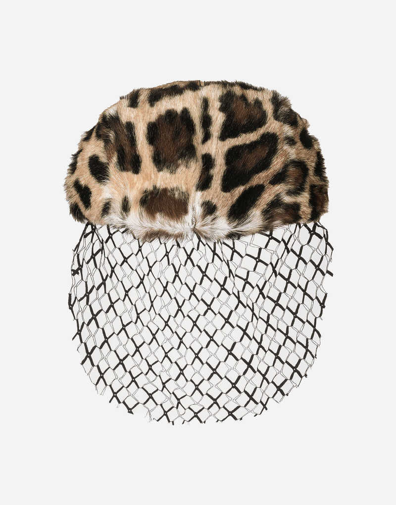 Leopard-print goatskin flat cap with veil 3