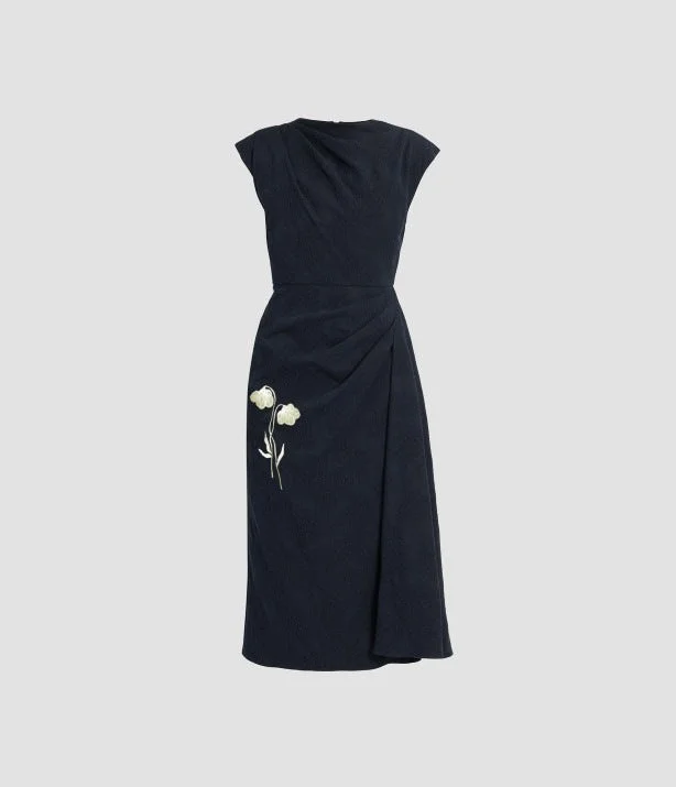 FLOWER JACQUARD DRAPED MIDI DRESS - 1