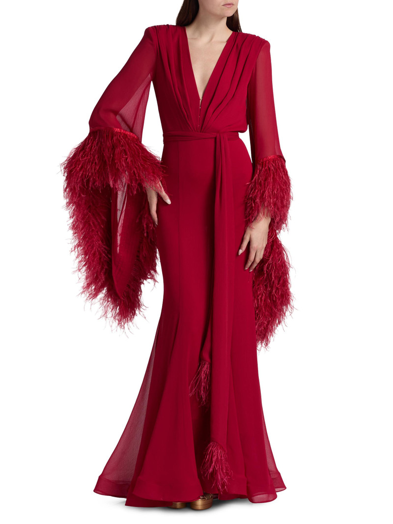 Women's Geisha V-Neck Feather Gown - Red 3