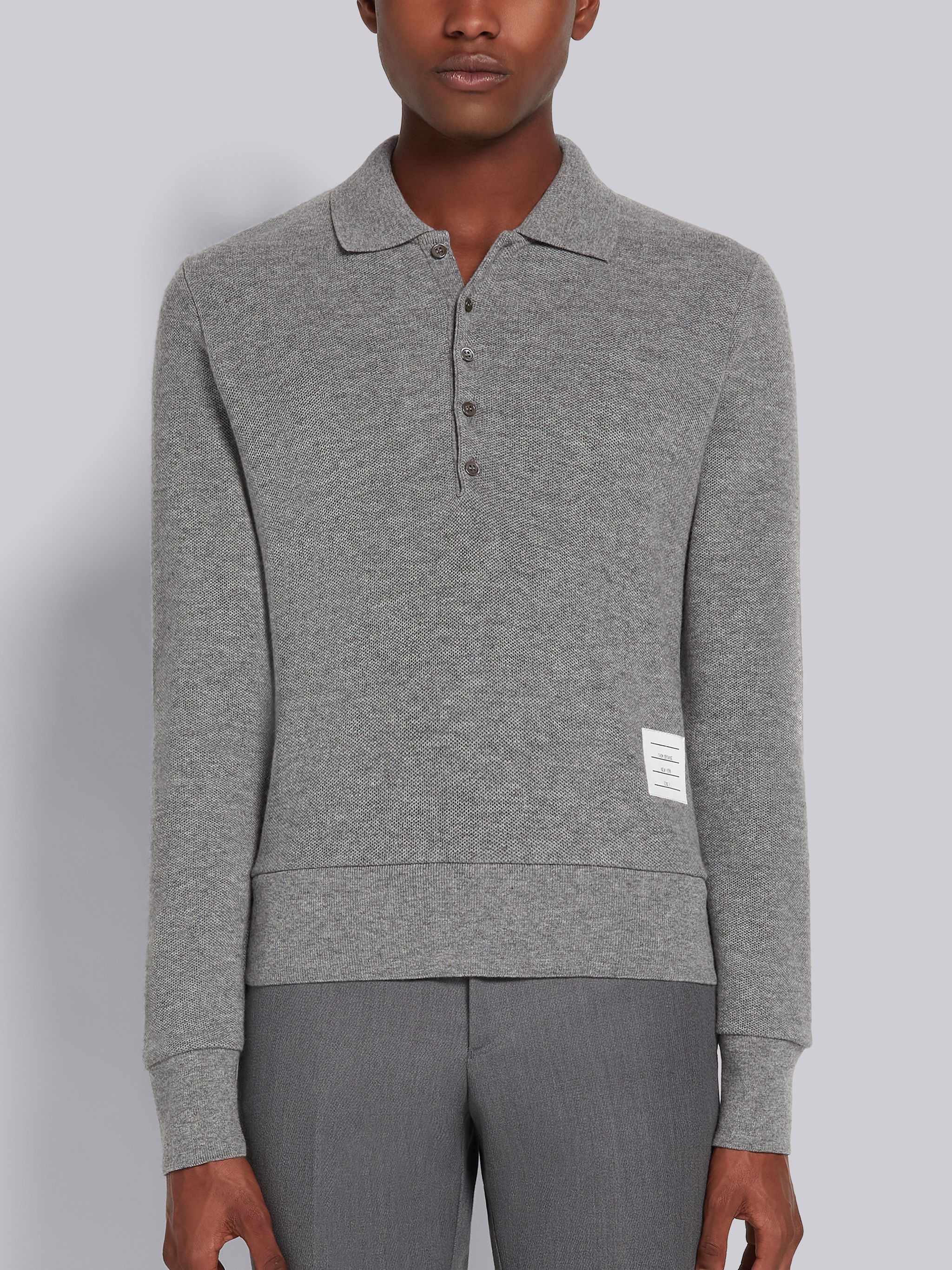 Light Grey Cashmere Pique Rib Cuff Long Sleeve Polo - 1