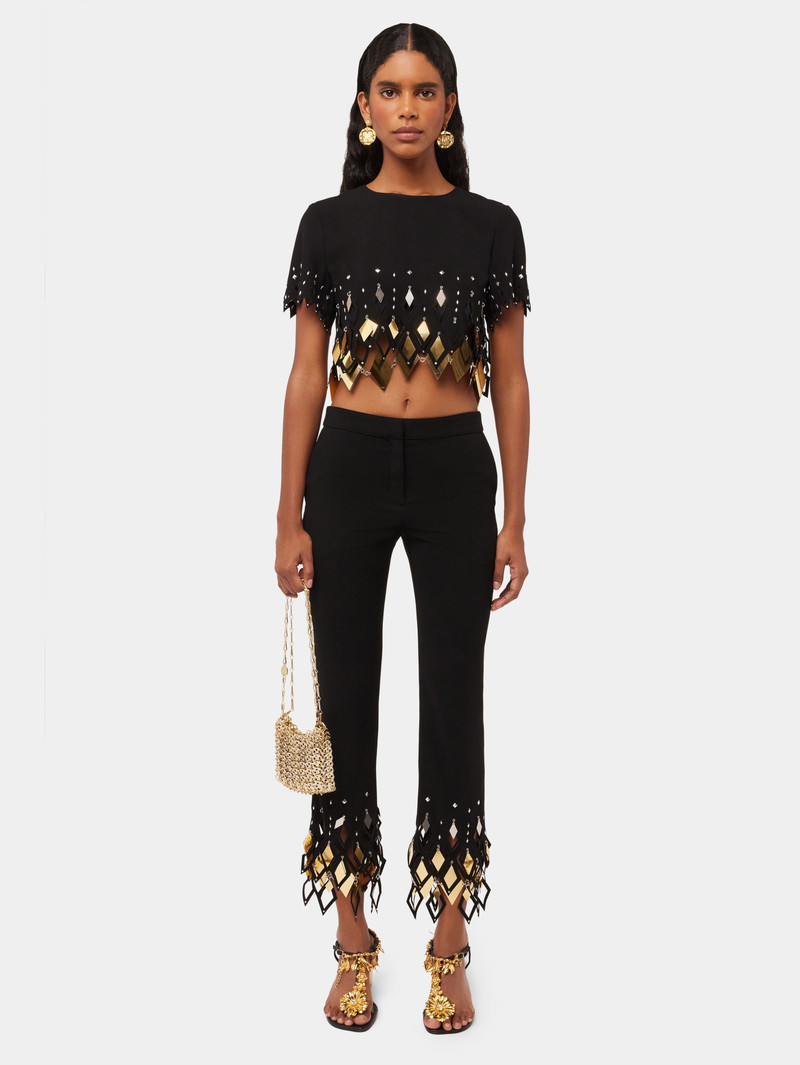 rabanne BLACK CREPE CROP TOP WITH DIAMOND-SHAPED LASER ASSEMBLY outlook
