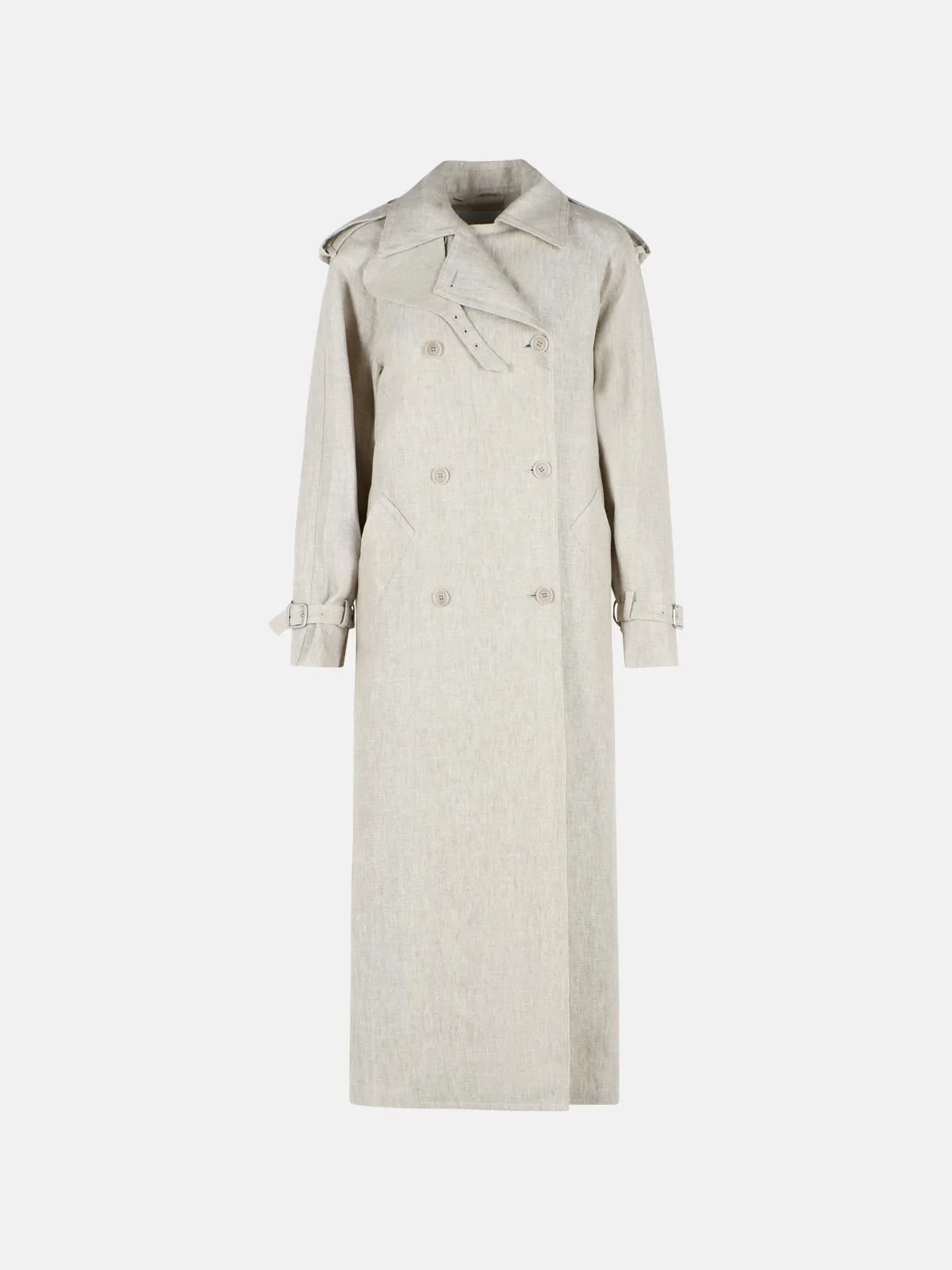 DOUBLE-BREASTED DUSTER IN 'DRILL' OF PURE BEIGE SAND LINEN - 1