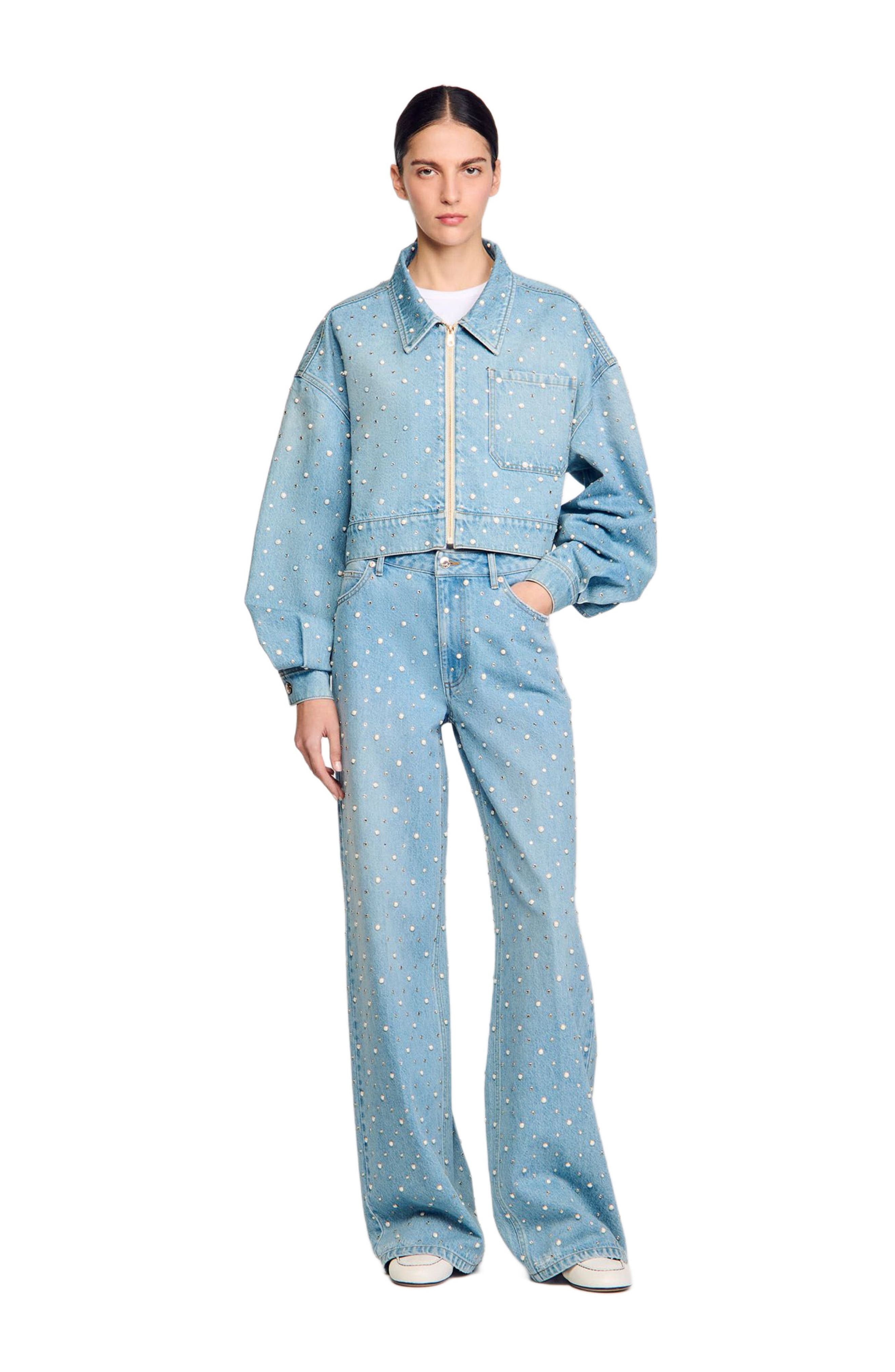 SANDRO Beaded and rhinestone denim jacket in Blue Jean at Nordstrom - 6