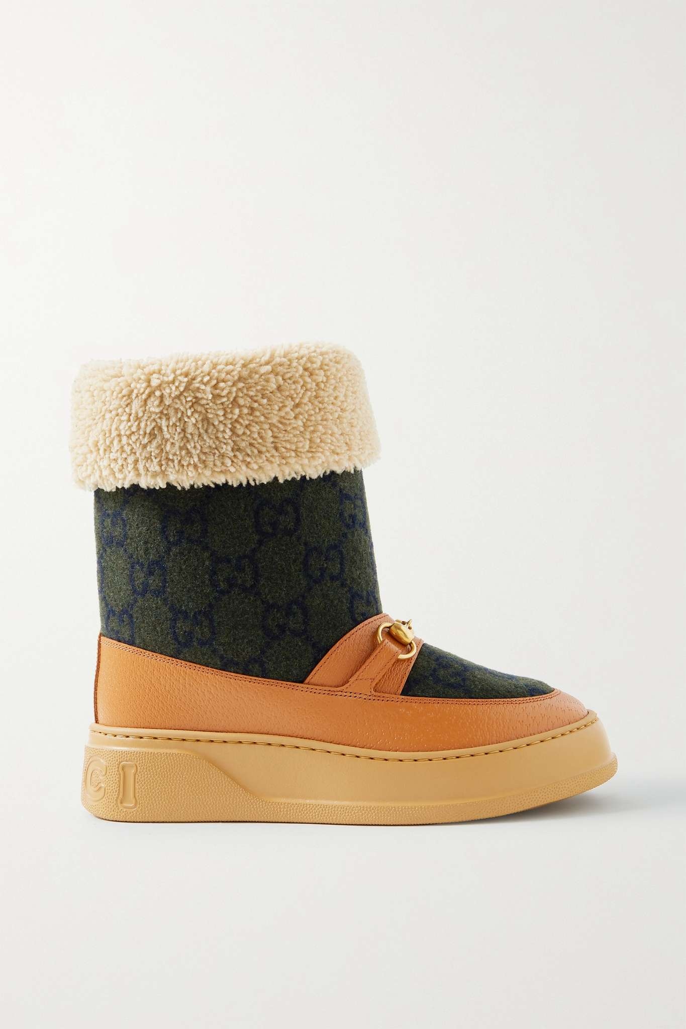 Horsebit shearling and leather-trimmed logo-print felt snow boots - 1