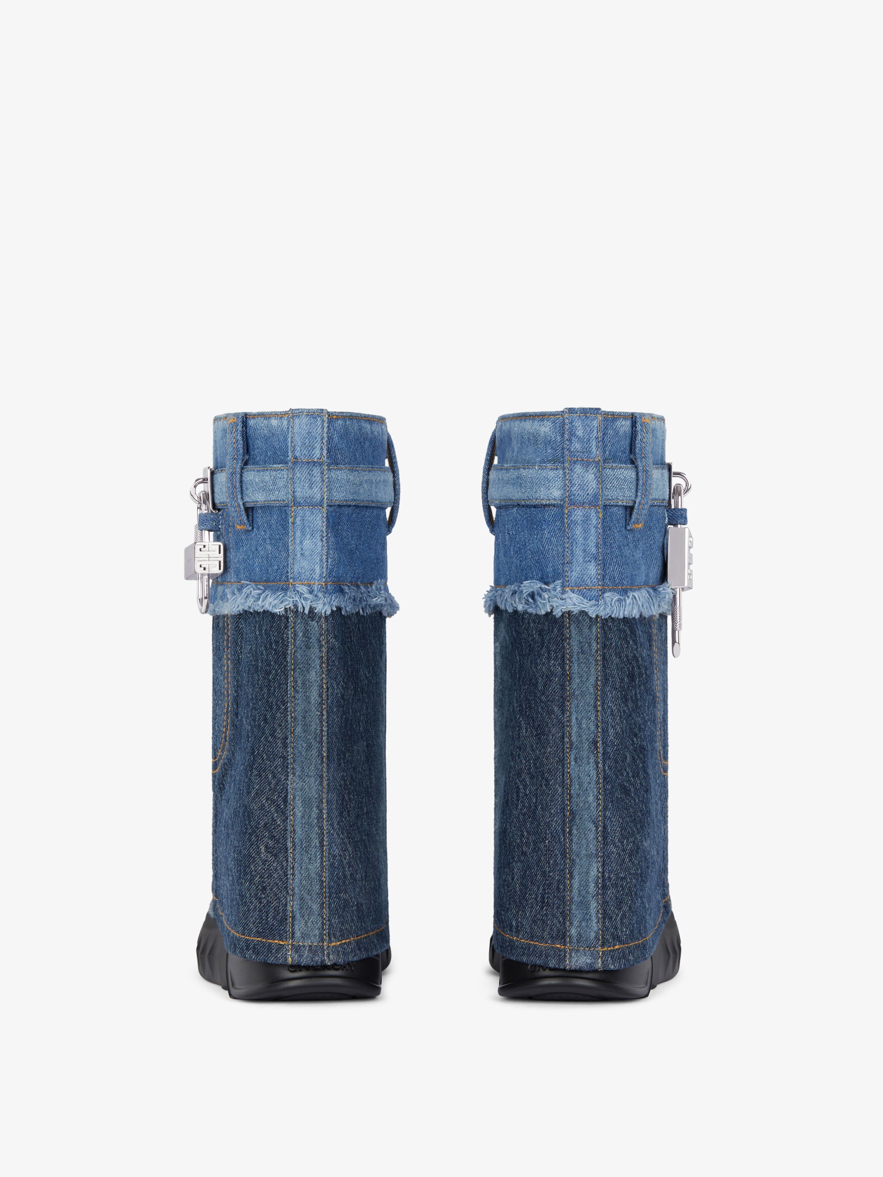 SHARK LOCK BIKER ANKLE BOOTS IN BICOLOR WASHED DENIM - 6