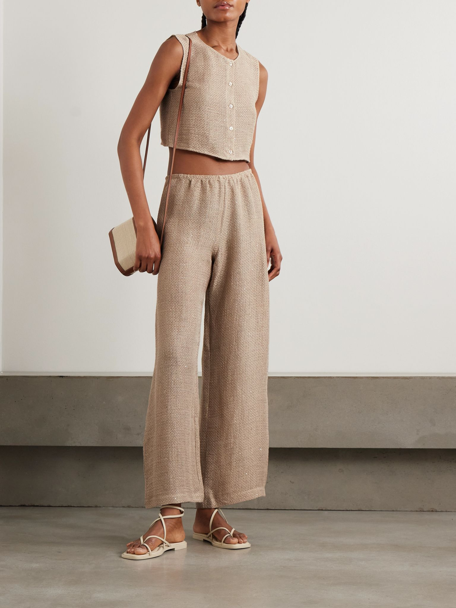 Stella sequin-embellished linen-blend gauze wide-leg pants Sand - 2