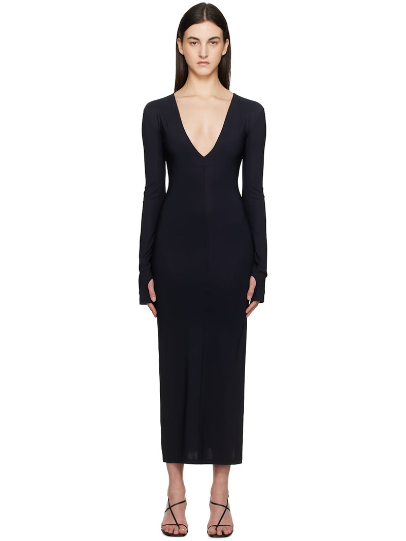 Black Lycra Jersey Pluge Maxi Dress 1