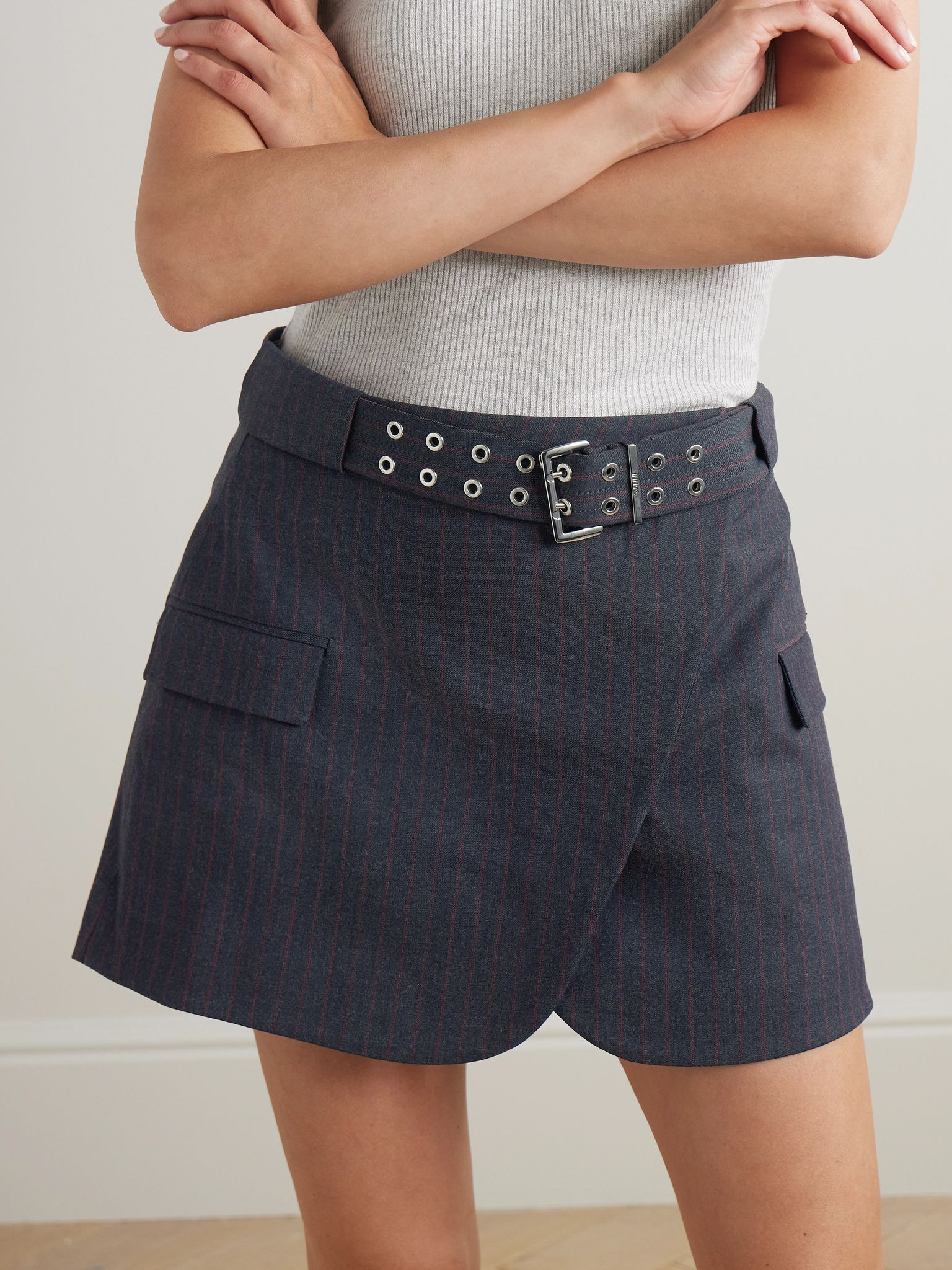 Belted pinstriped woven wrap mini skirt Dark gray - 3
