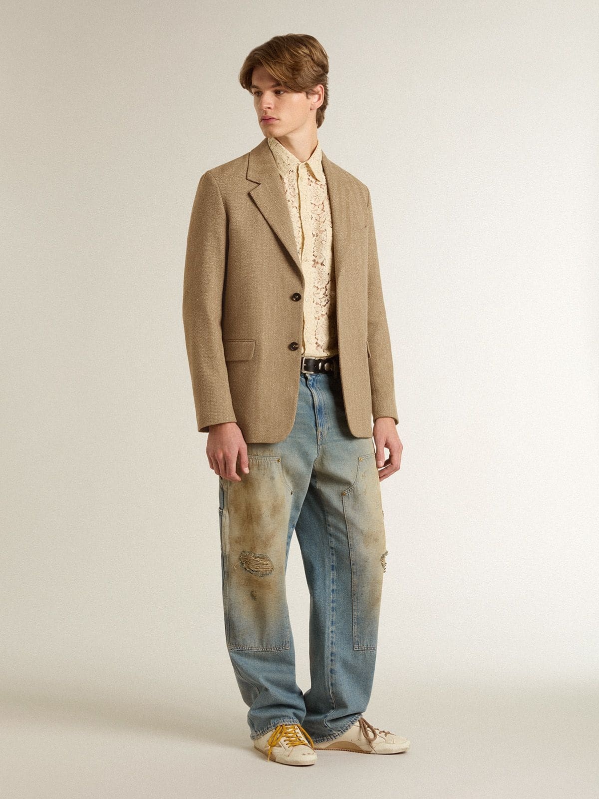 Men's single-breasted blazer in a sand-colored chevron linen blend. - 3