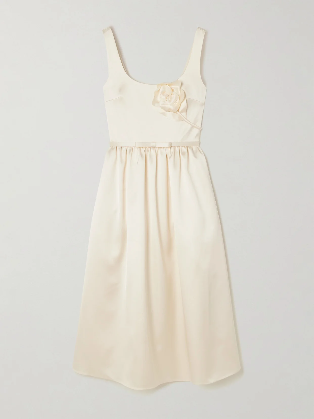 Appliquéd Belted Satin Midi Dress - 1