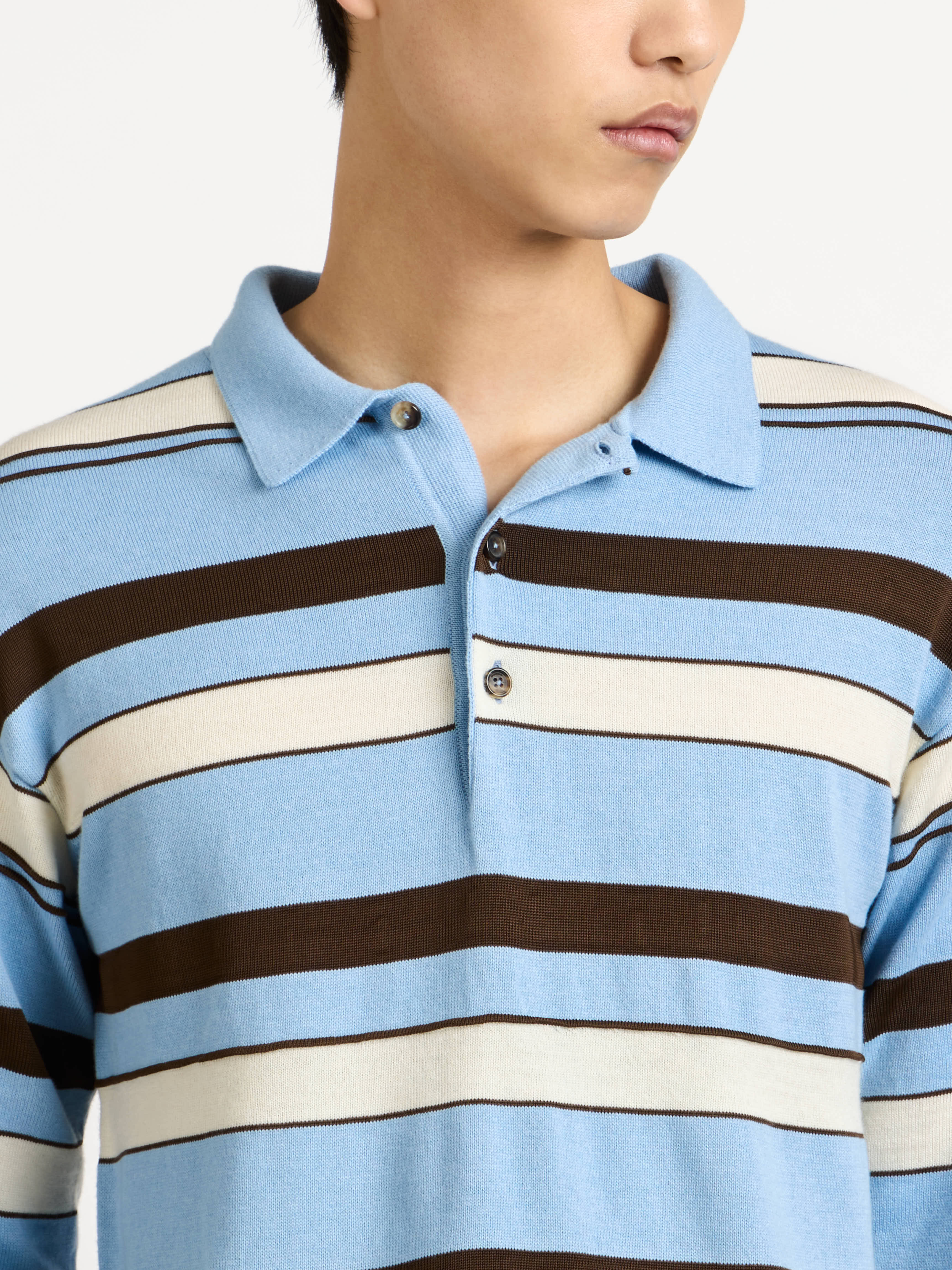 KNITTED STRIPED RUGBY POLO TOP IN MISTY BLUE - 6
