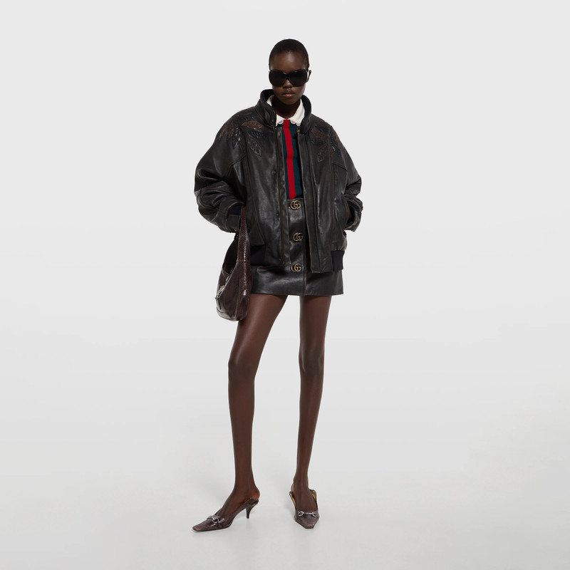 GUCCI Leather with aged effect bomber jacket outlook