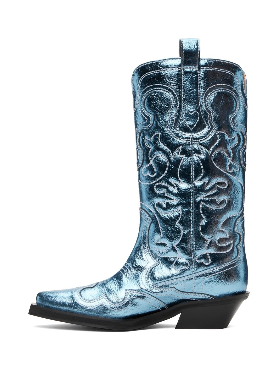 Blue Metallic Mid Shaft Embroidered Western Boots - 3