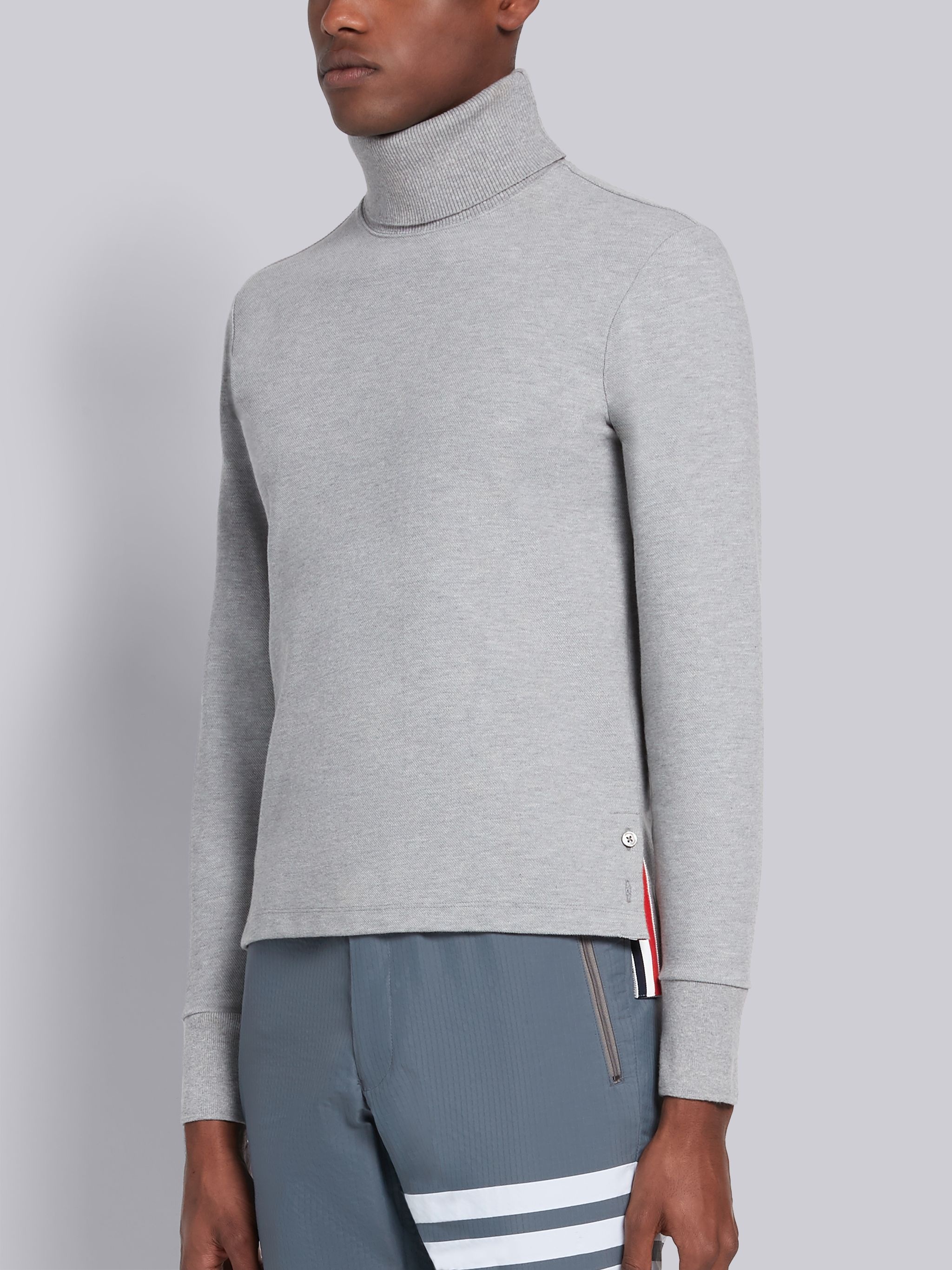 Light Grey Cotton Pique Long Sleeve Turtleneck - 3