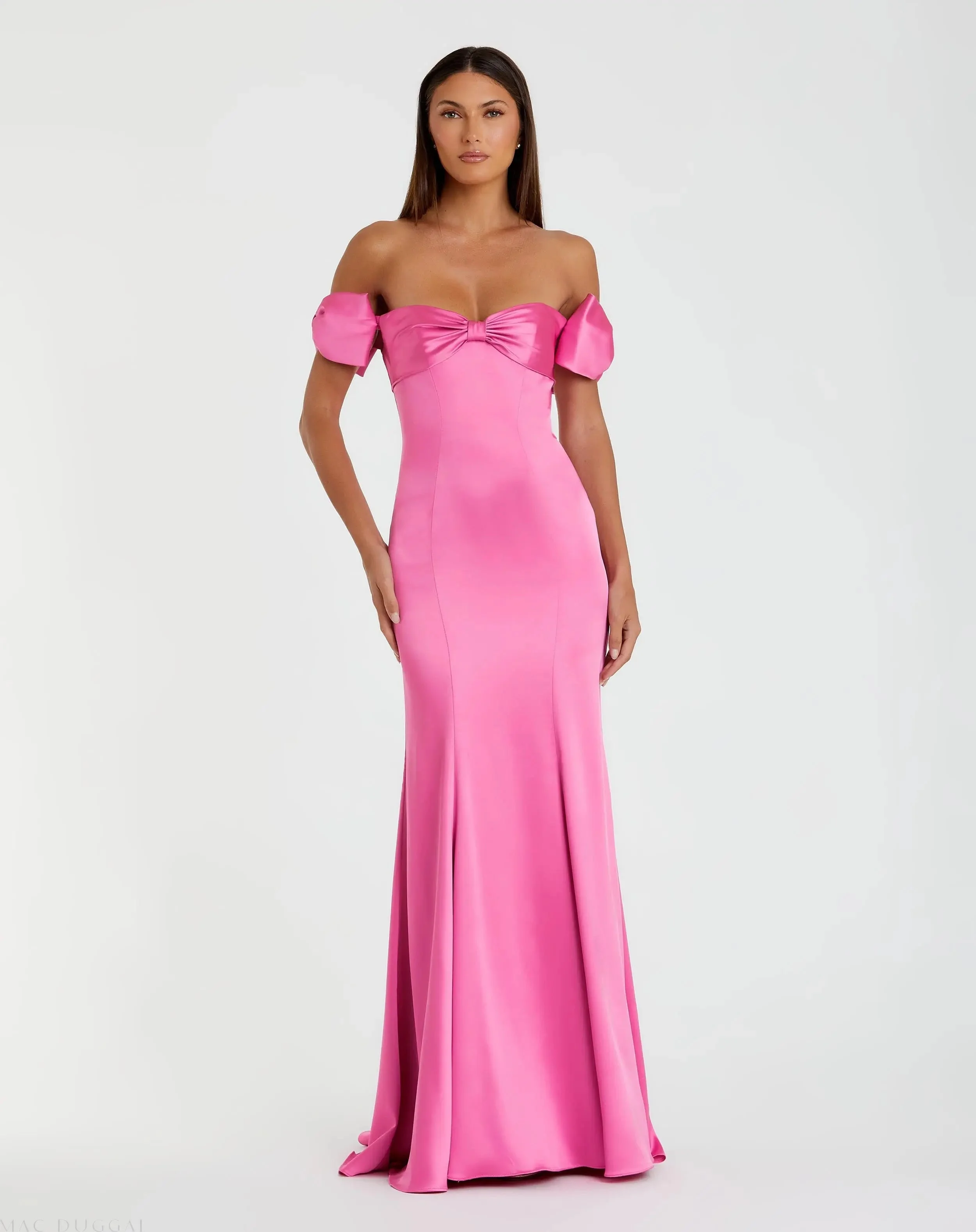 Pink Off-the-Shoulder Satin Trumpet Gown with Bows - 1