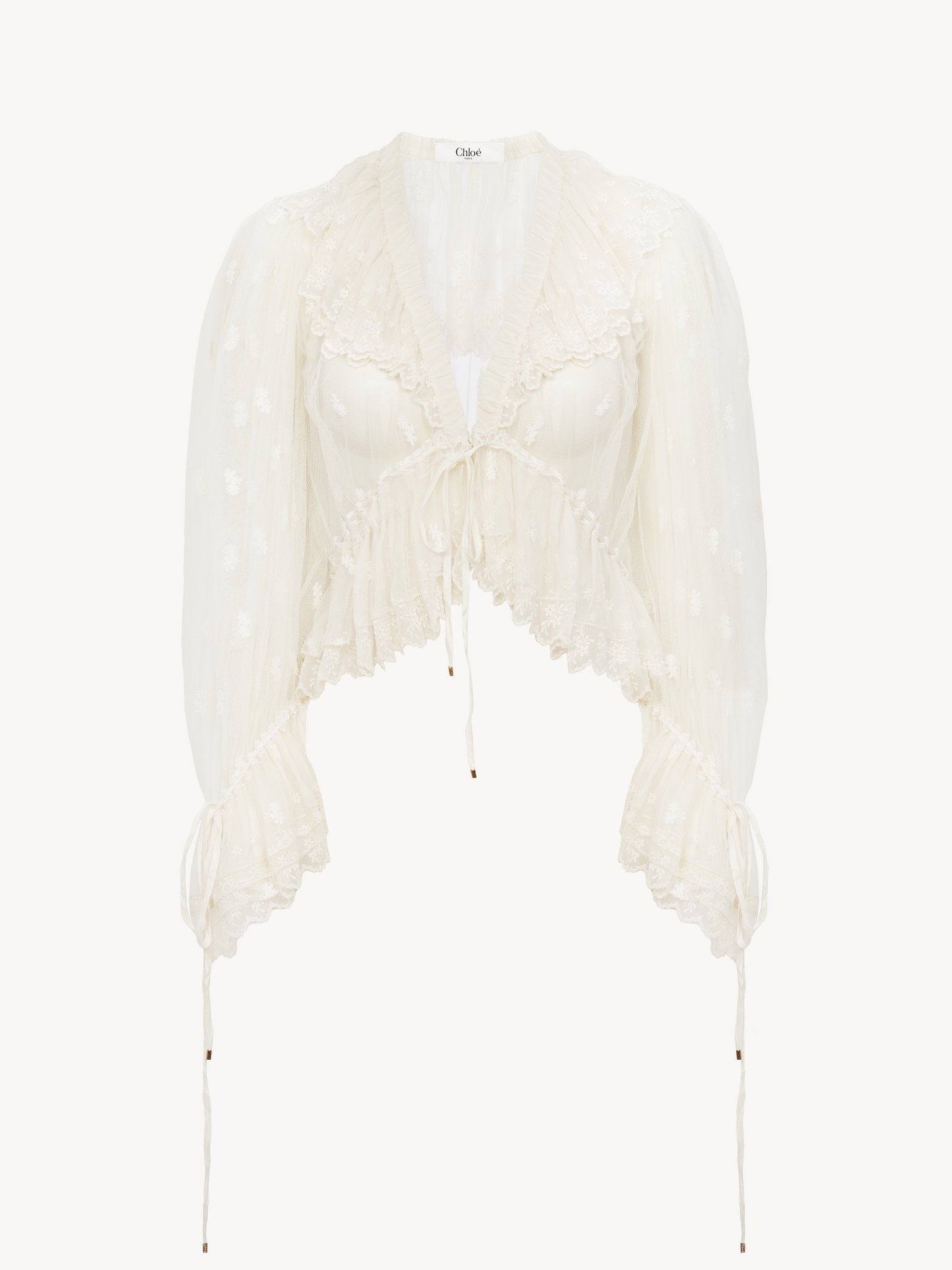 V-NECK RUFFLE TOP IN EMBROIDERED LACE - 2