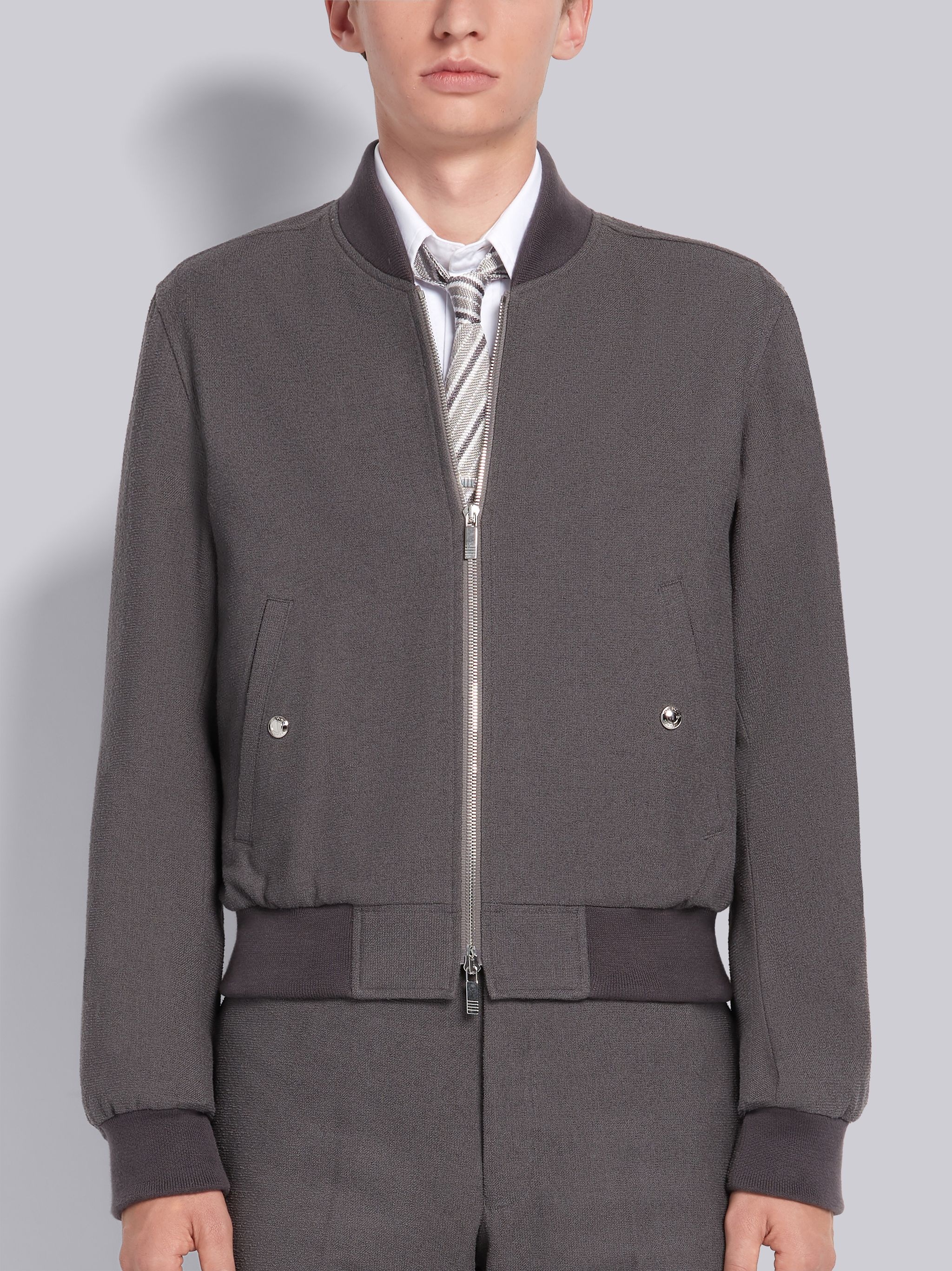 Dark Grey Cotton Boucle Suiting Engineered Center Back Stripe Zip-up Jacket - 1