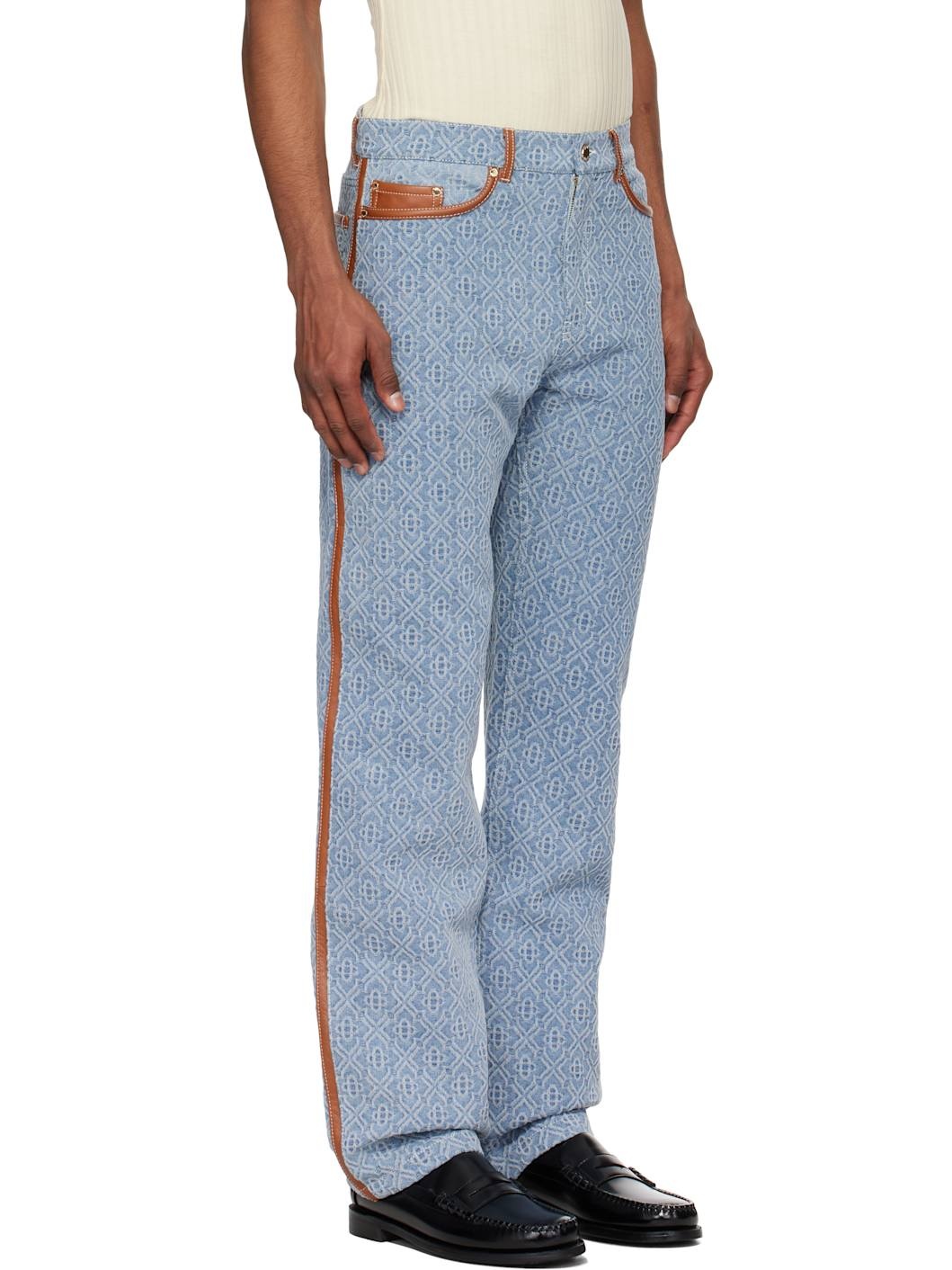 Blue Diamond Monogram Leather Trim Jeans - 2
