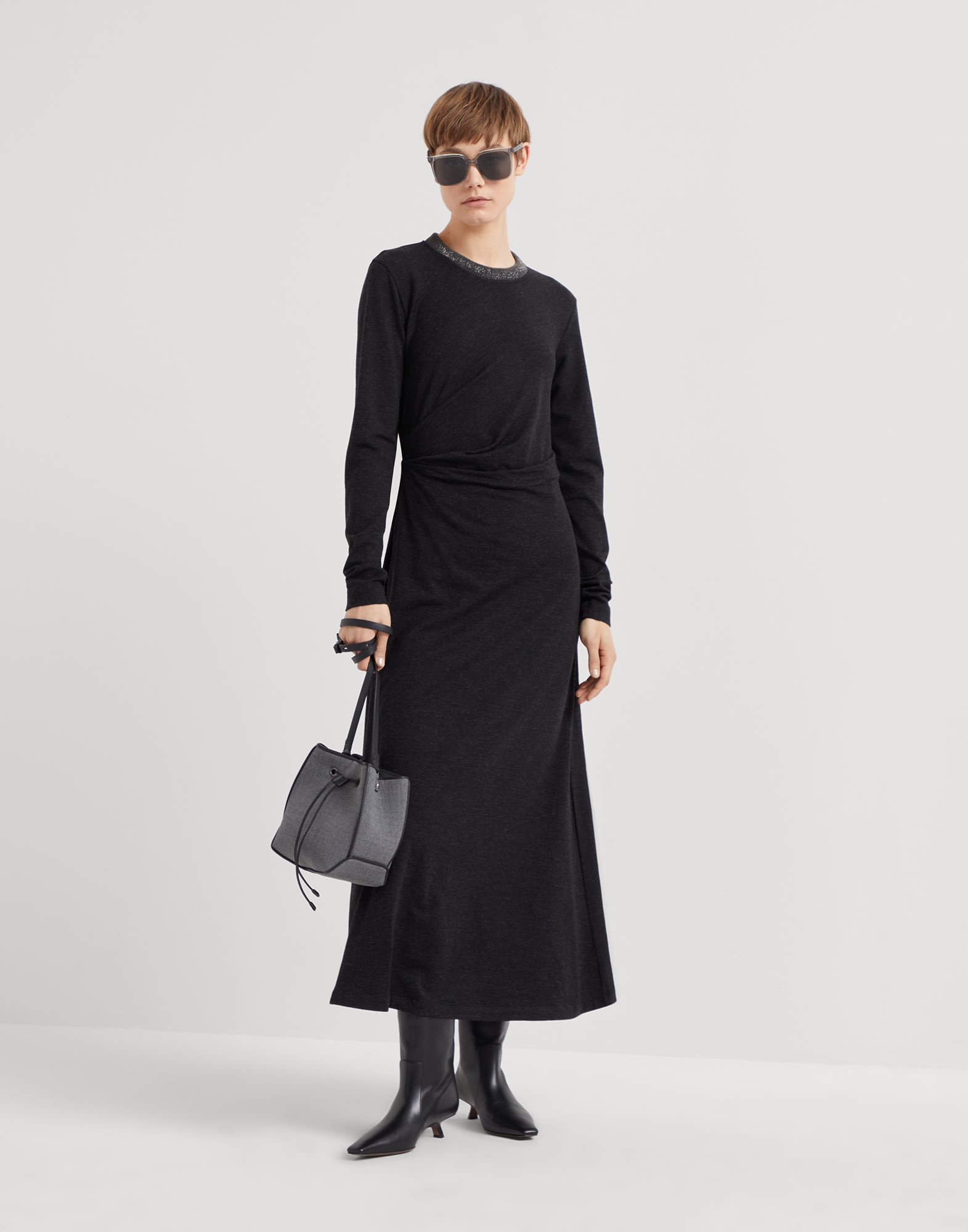 Stretch virgin wool jersey draped dress with precious ribbed collar - 5