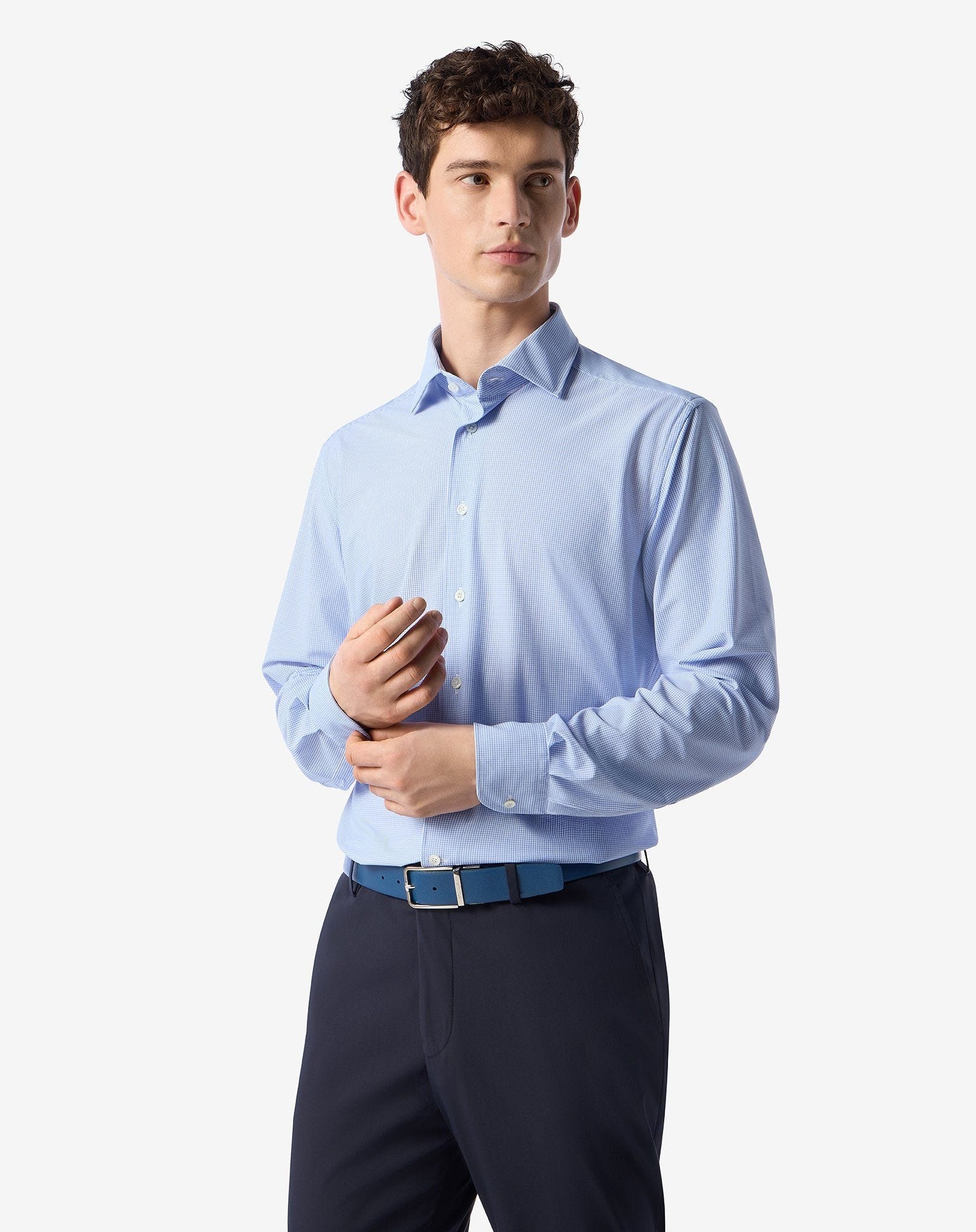 Bi-elastic fabric shirt with white/light blue micro checks - 2