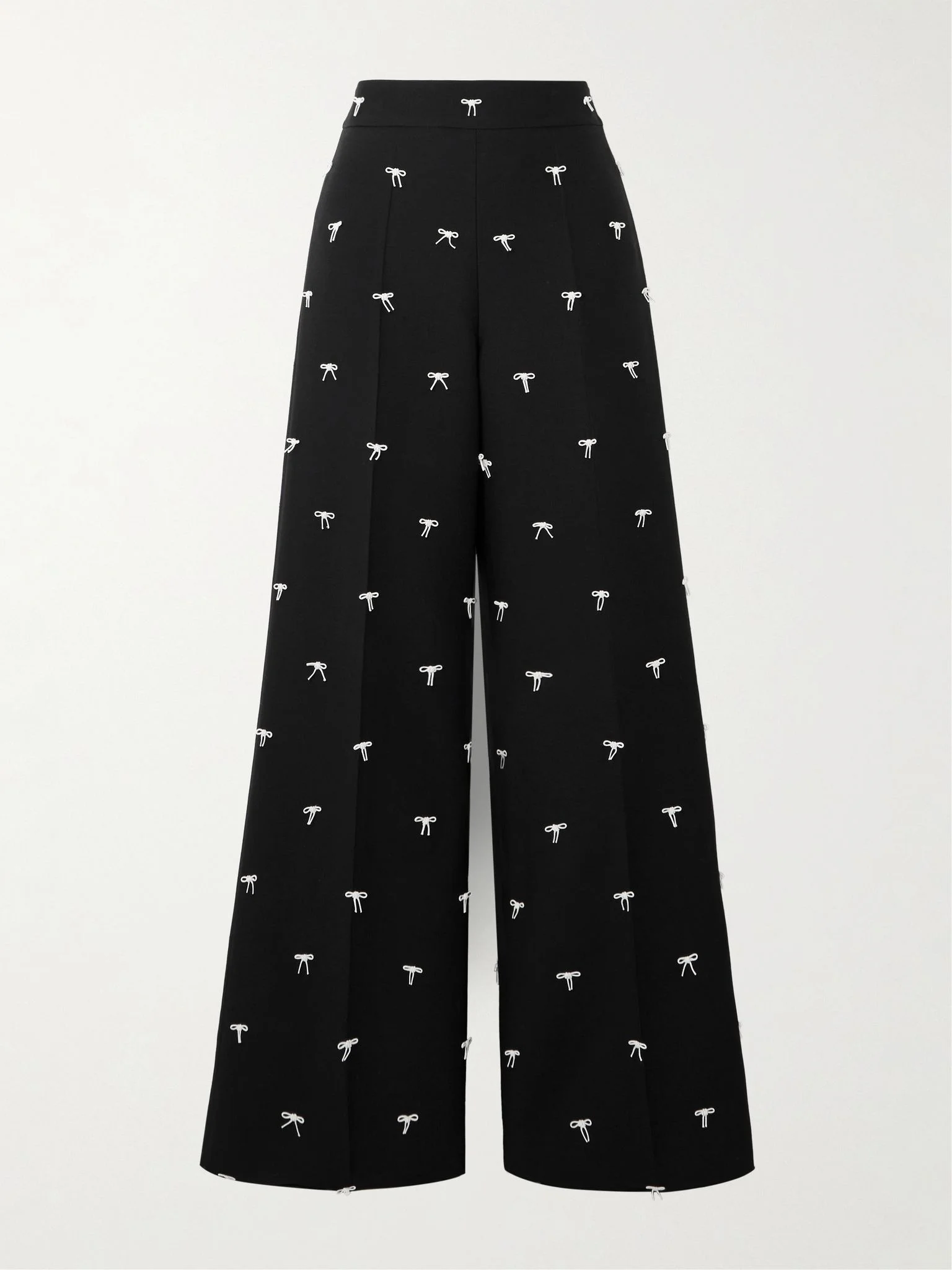 Bow-embellished wool and silk-blend twill wide-leg pants Black - 1