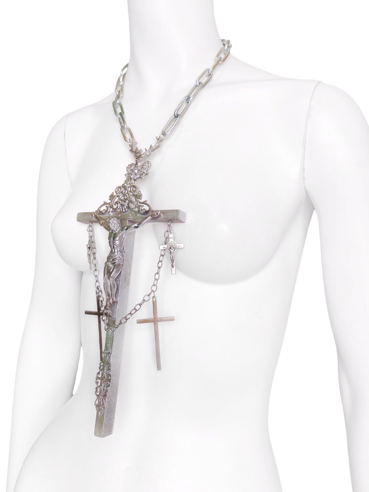 Jean Paul Gaultier 90S Sample 1/1 XXL Silver 5 Crucifix Cross Deer Chain Necklace - 8