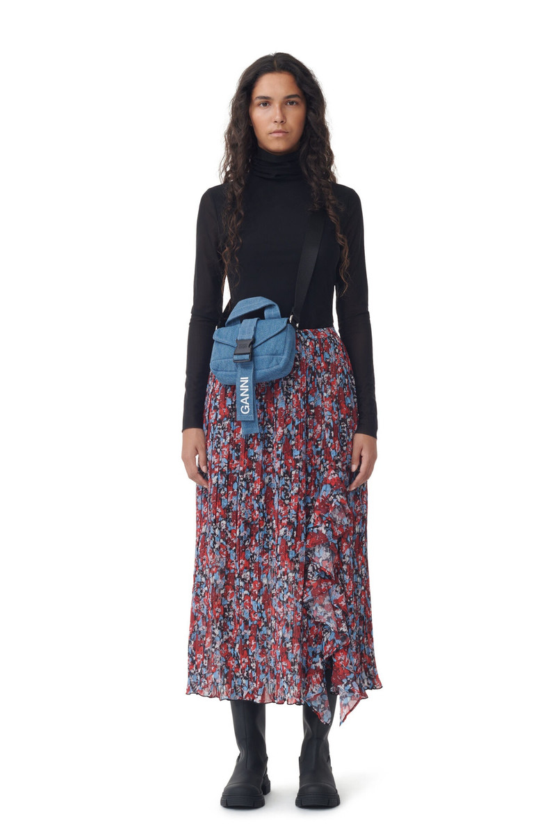 GANNI RED PLEATED GEORGETTE MIDI FLOUNCE SKIRT outlook