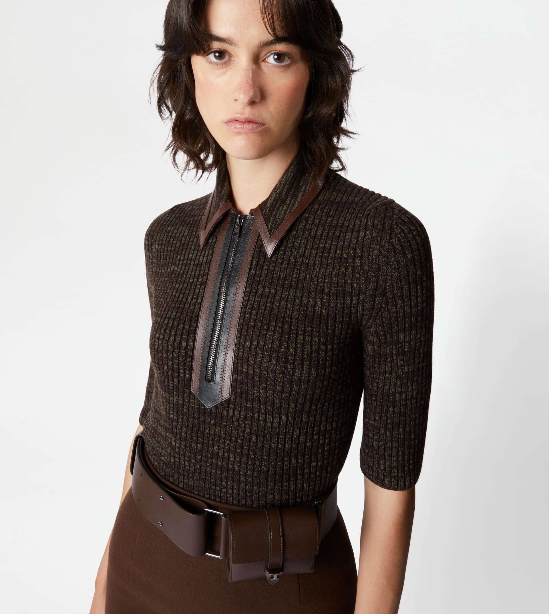 POLO SHIRT WITH LEATHER INSERTS - BROWN, GREEN - 7