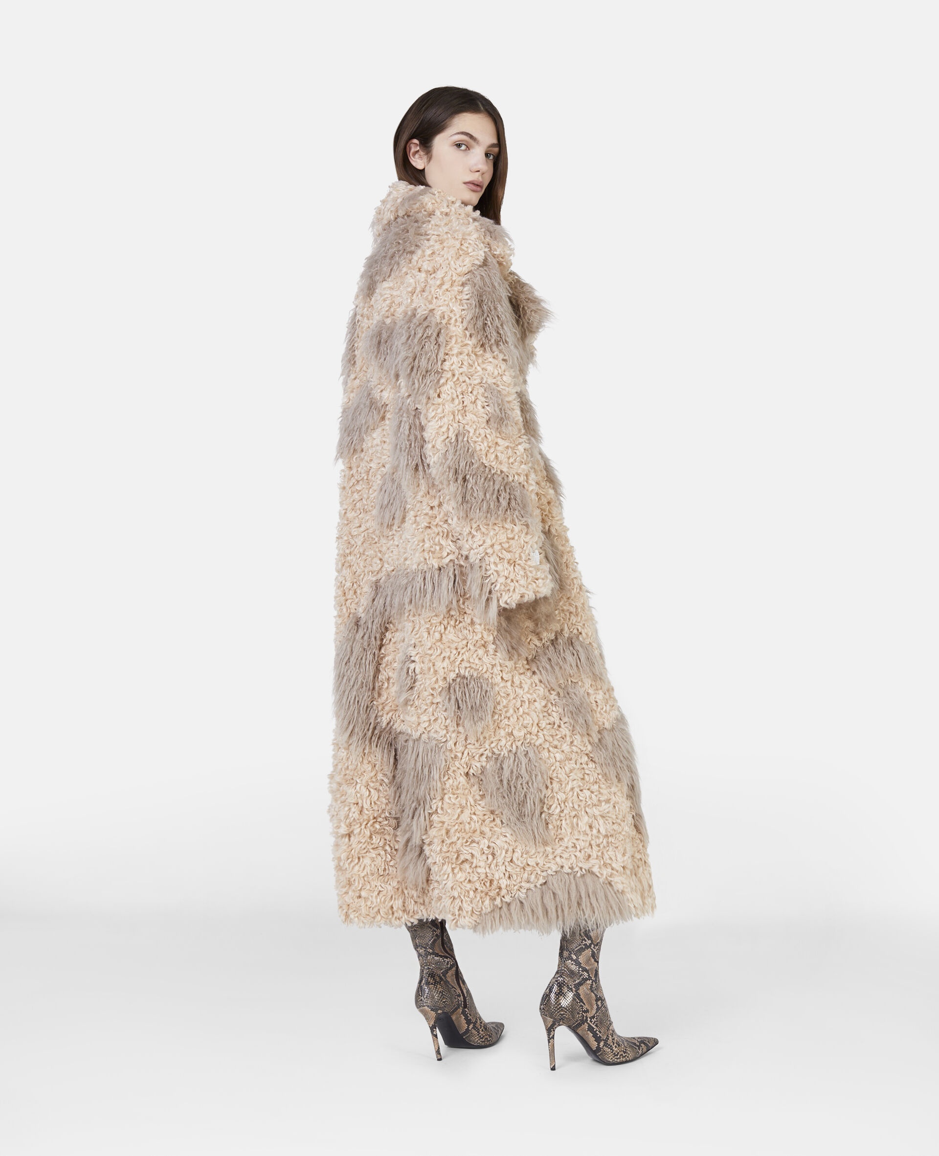 Tree Bark Print Long Teddy Coat - 3