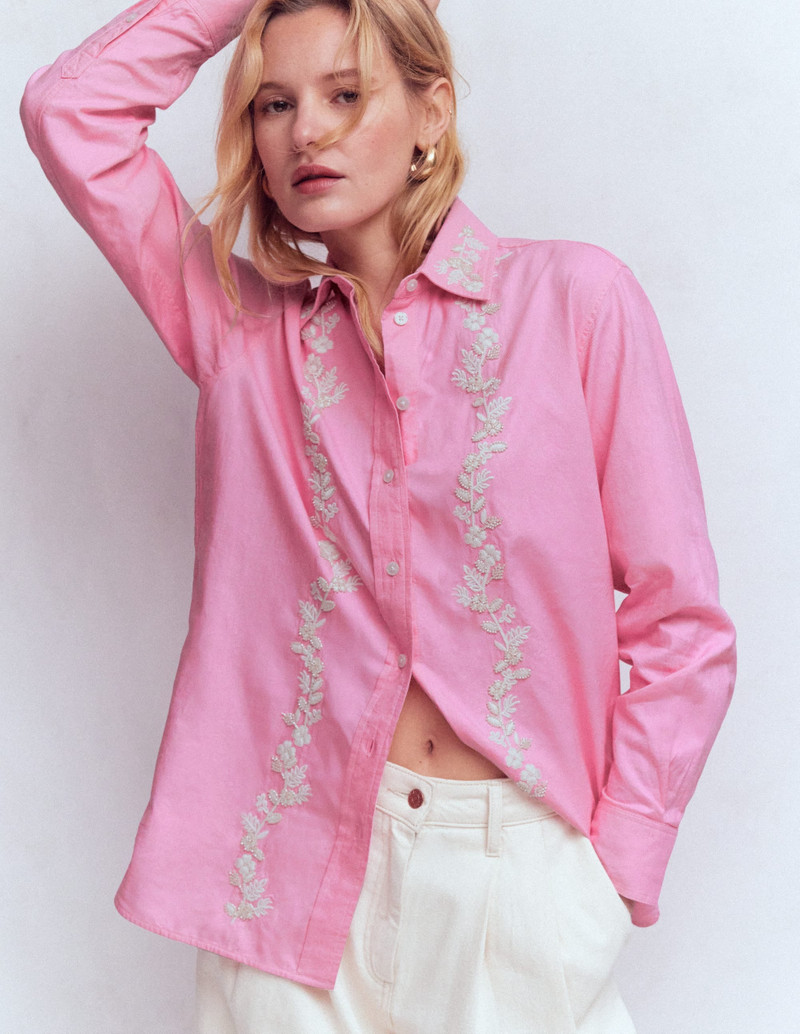 Sadie Relaxed Cotton Shirt-Pink Floral Beaded Oxford 5