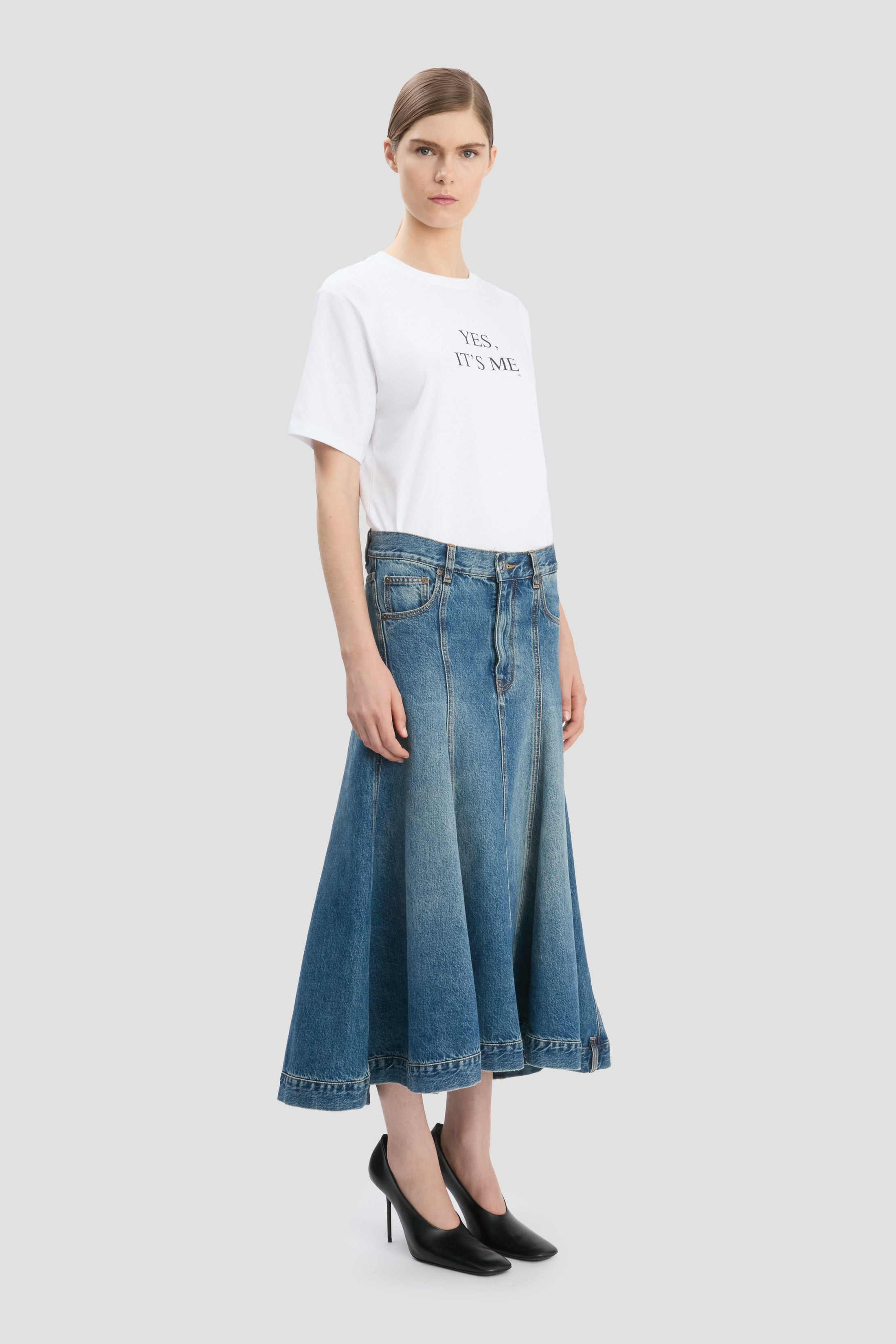 Panelled Kick Detail Skirt In Classic Blue Wash - 4