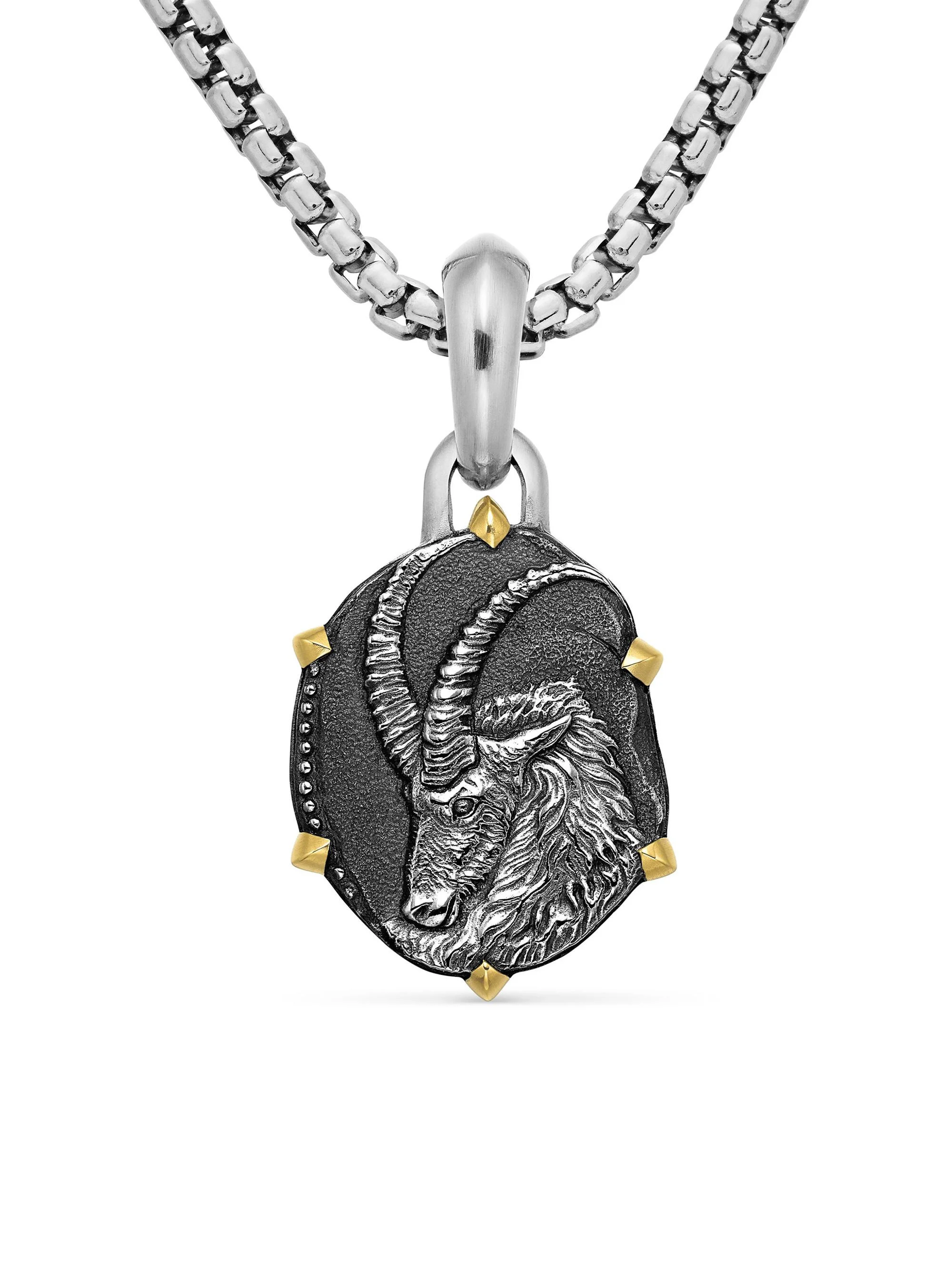 Men's Pisces Amulet in Sterling Silver with 18K Yellow Gold, 33mm - Capricorn - 1