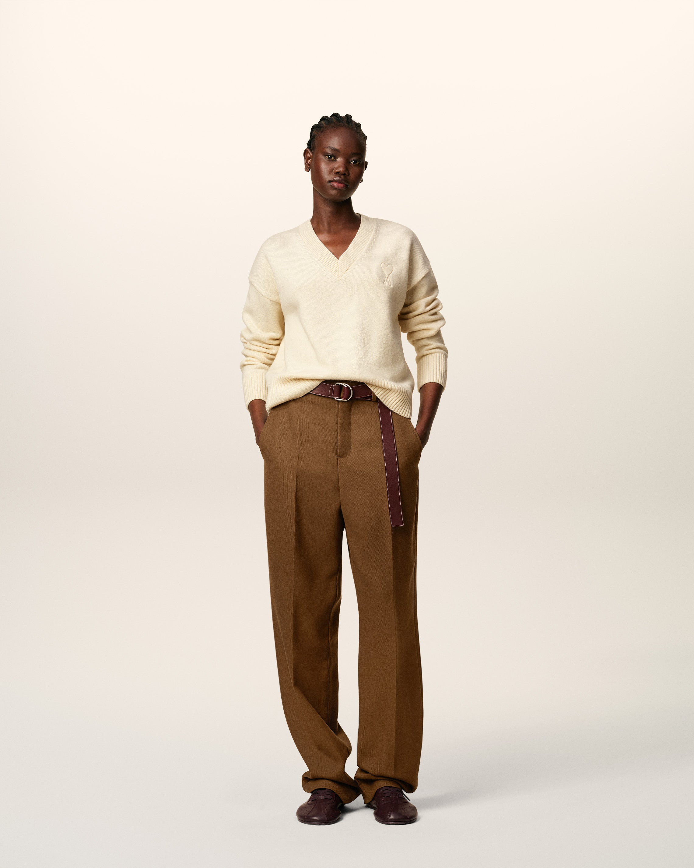 WHITE WOOL AMI DE COEUR V NECK SWEATER - 2