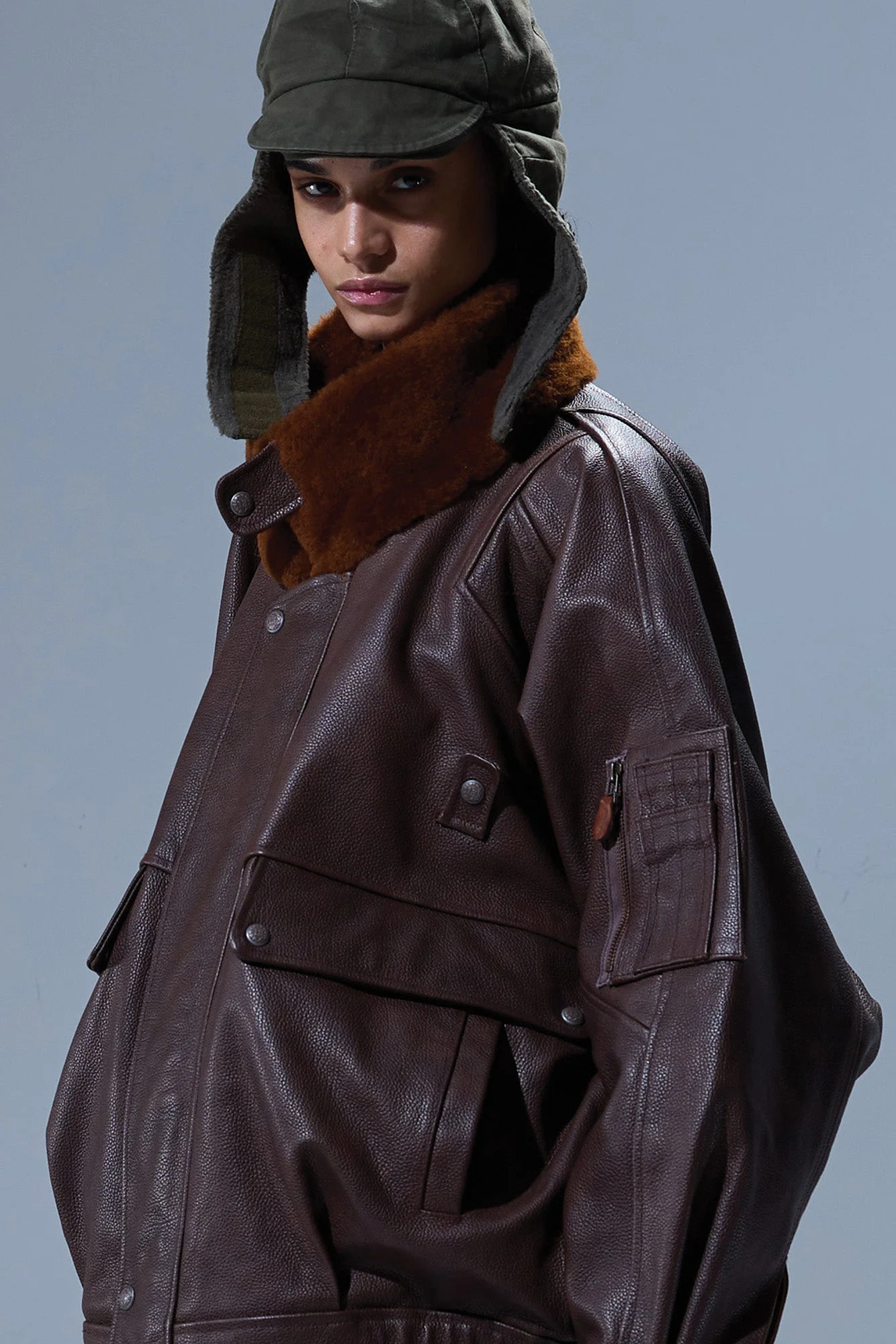 LEATHER FLIGHT JACKET WITH SHEARLING COLLAR - 1