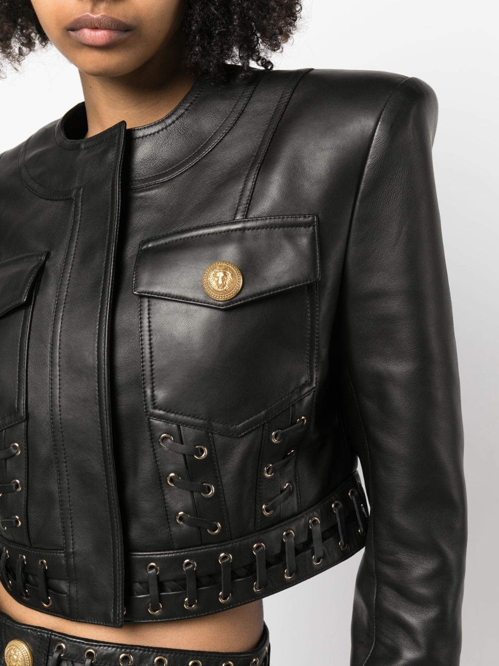 eyelet-embellished cropped leather jacket - 5