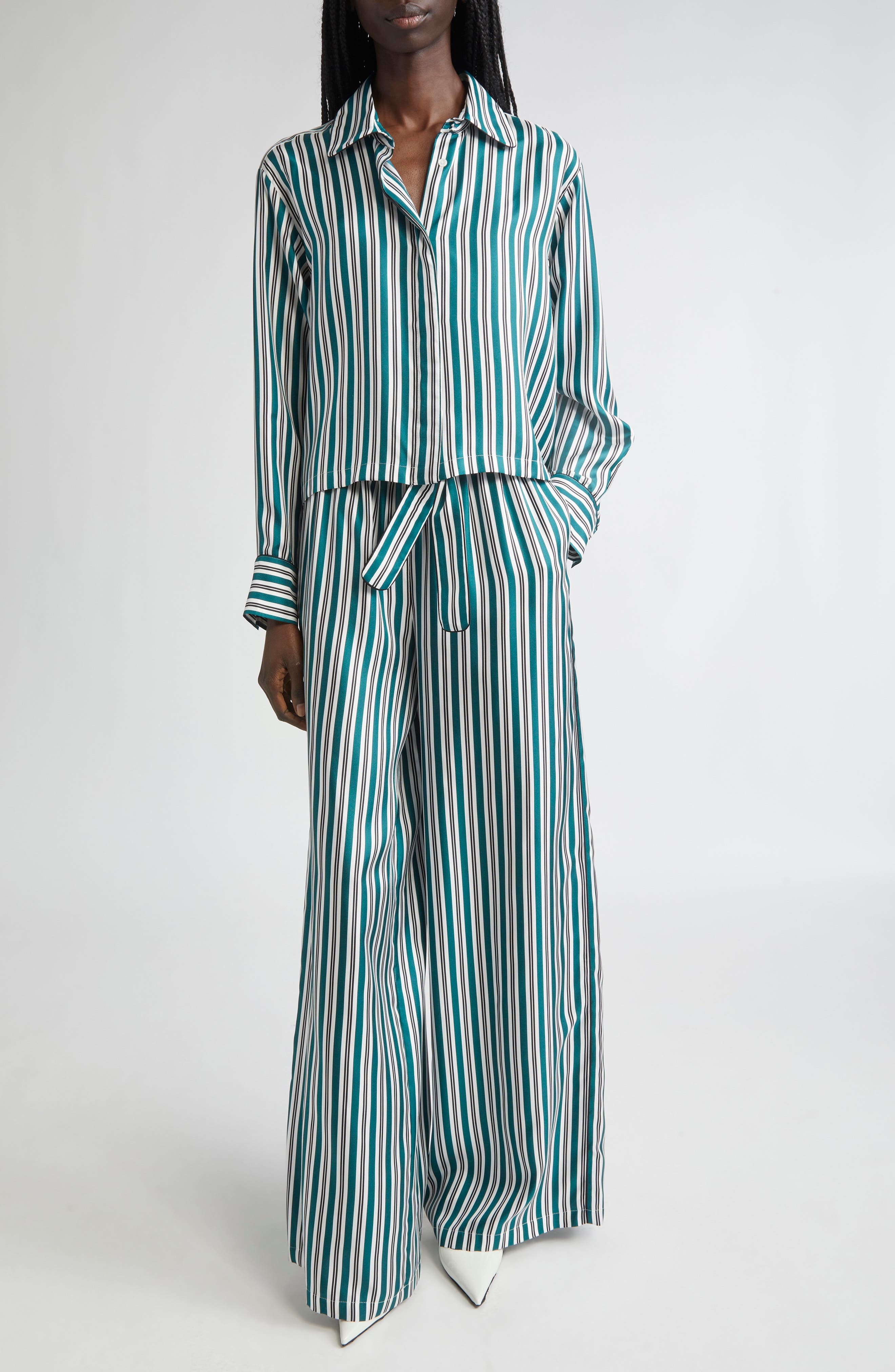 Max Mara Ladino Stripe Belted Wide Leg Silk Pants in Dark Green at Nordstrom - 2