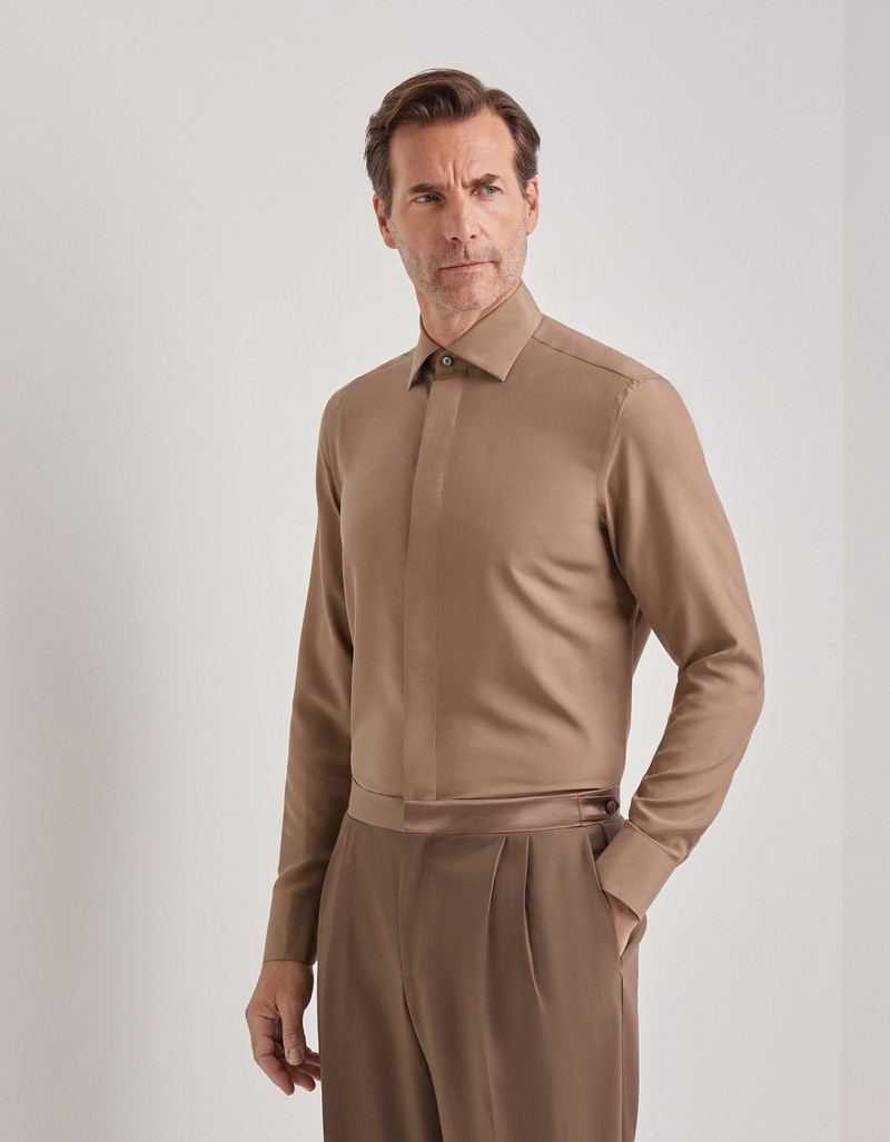 Canali REGULAR FIT SHIRT IN BROWN SILK outlook
