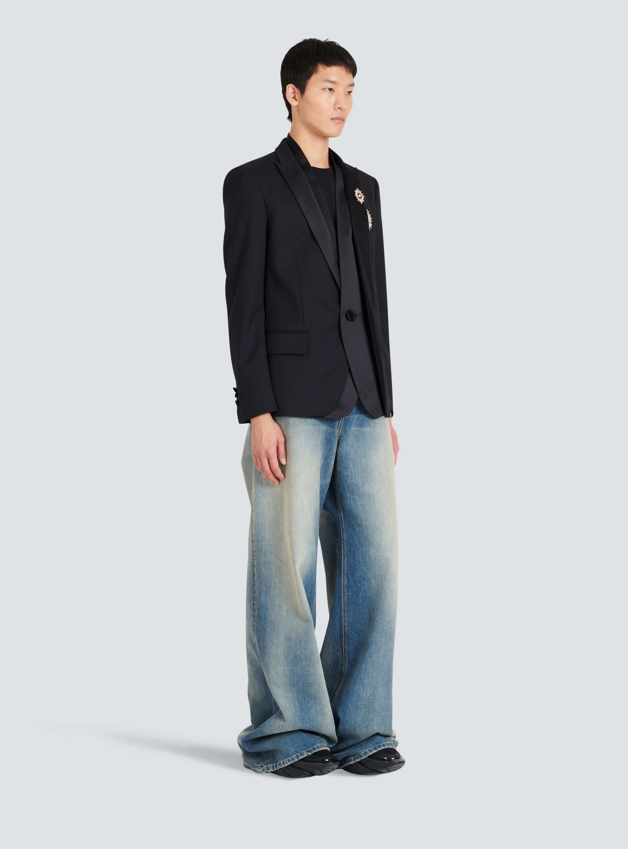 Wool blazer with embroidered badges and satin collar - 6