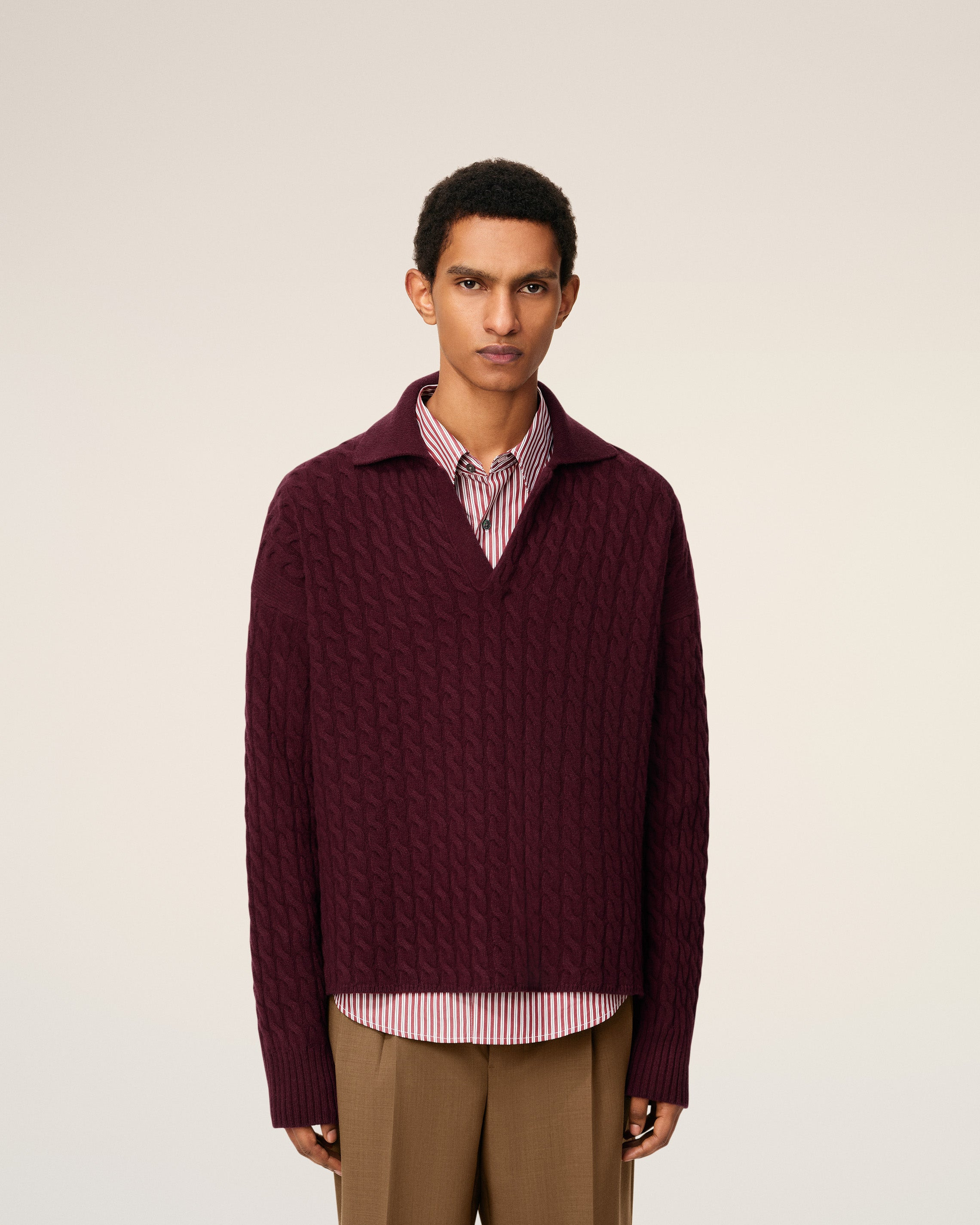 BURGUNDY WOOL CABLES KNIT POLO - 3