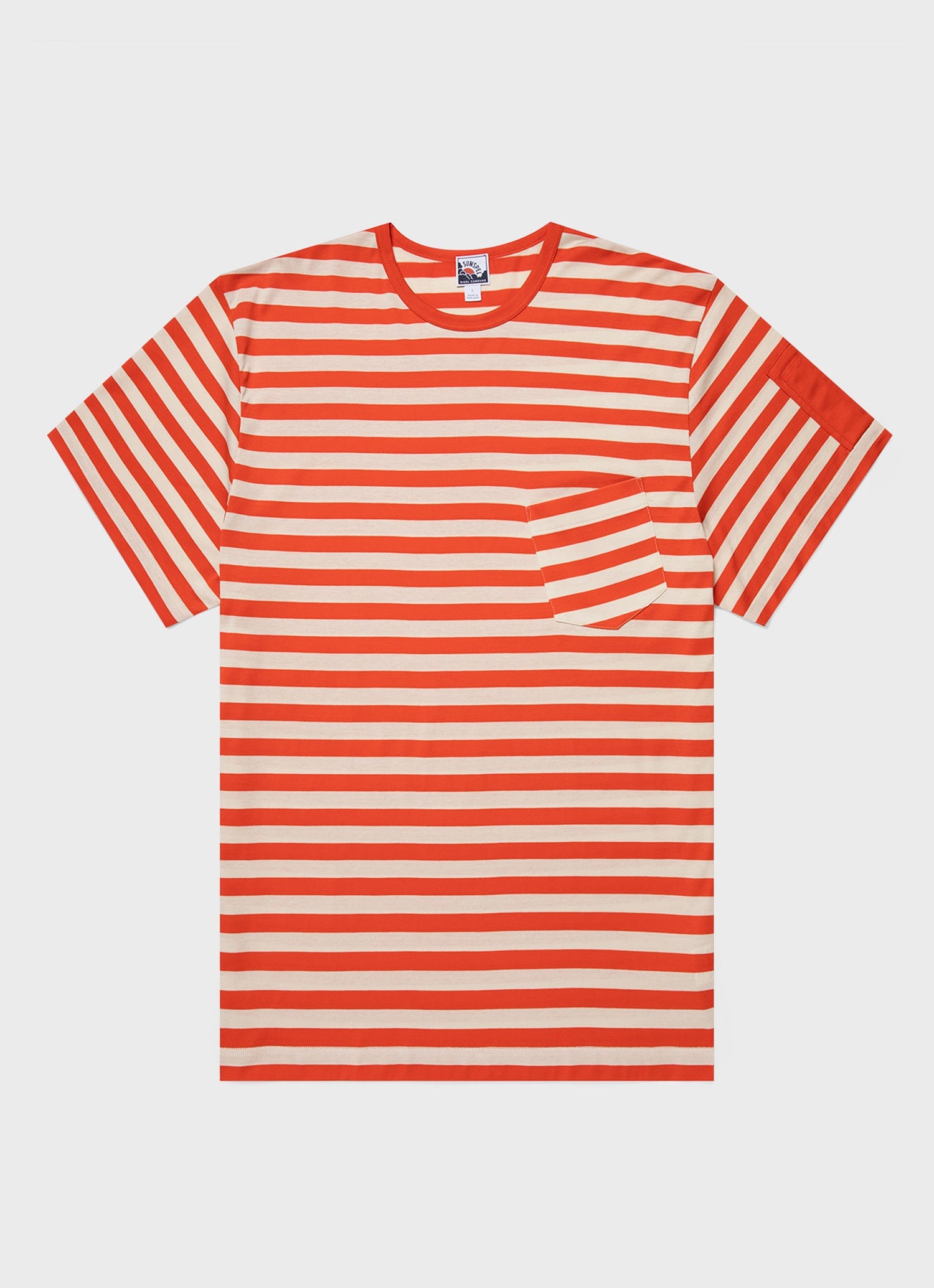 Nigel Cabourn x Sunspel Short Sleeve Pocket T-Shirt in Orange/Stone Stripe - 1