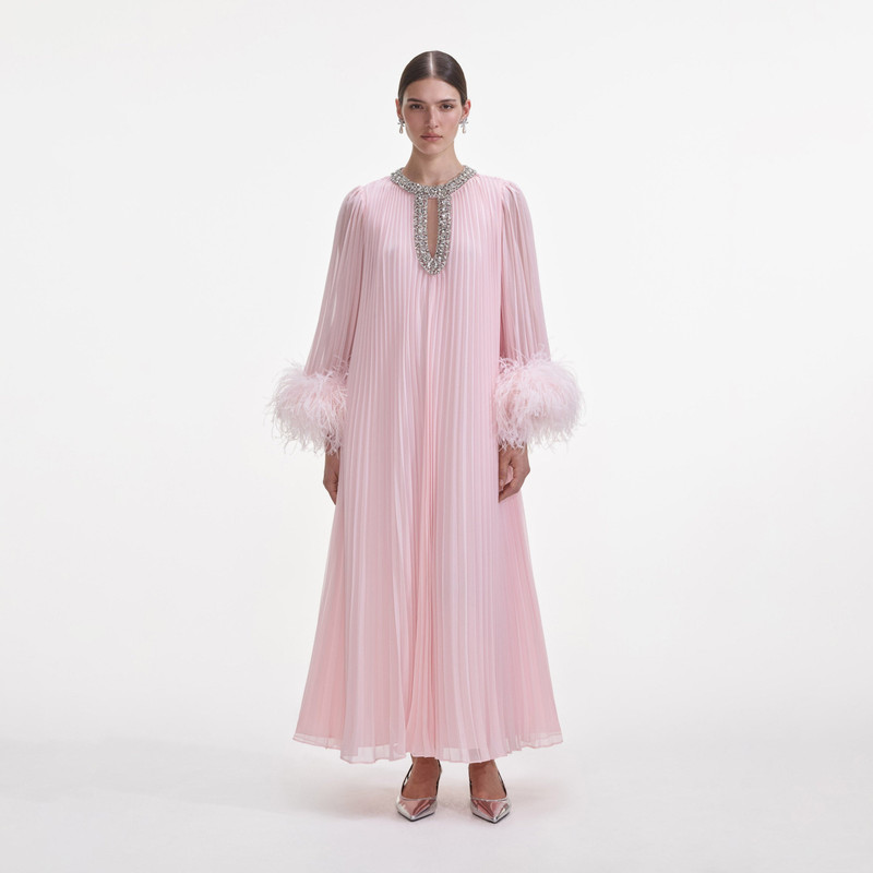 Pink Chiffon Feather Midi Dress - 1