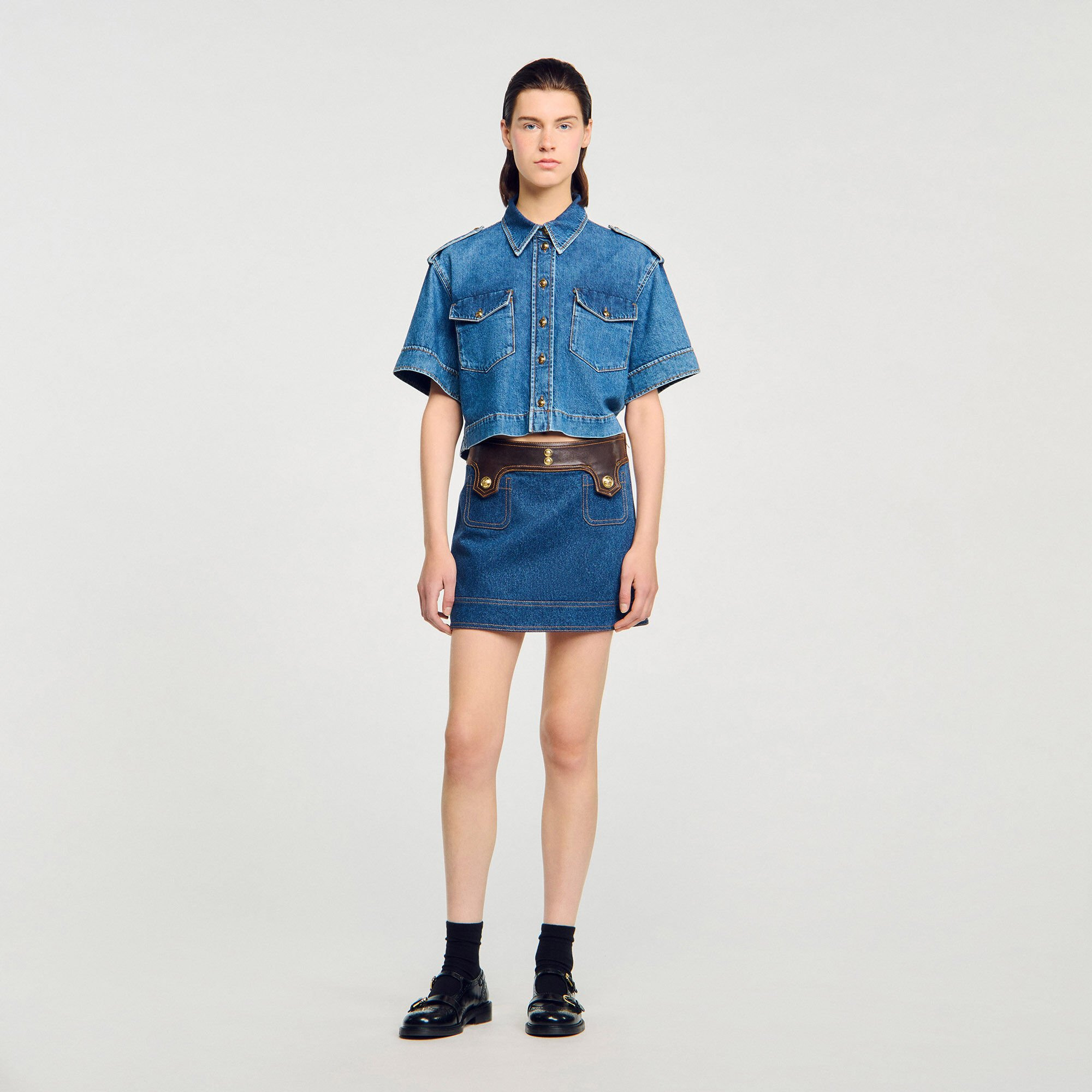 MINI DENIM AND LEATHER SKIRT - 2
