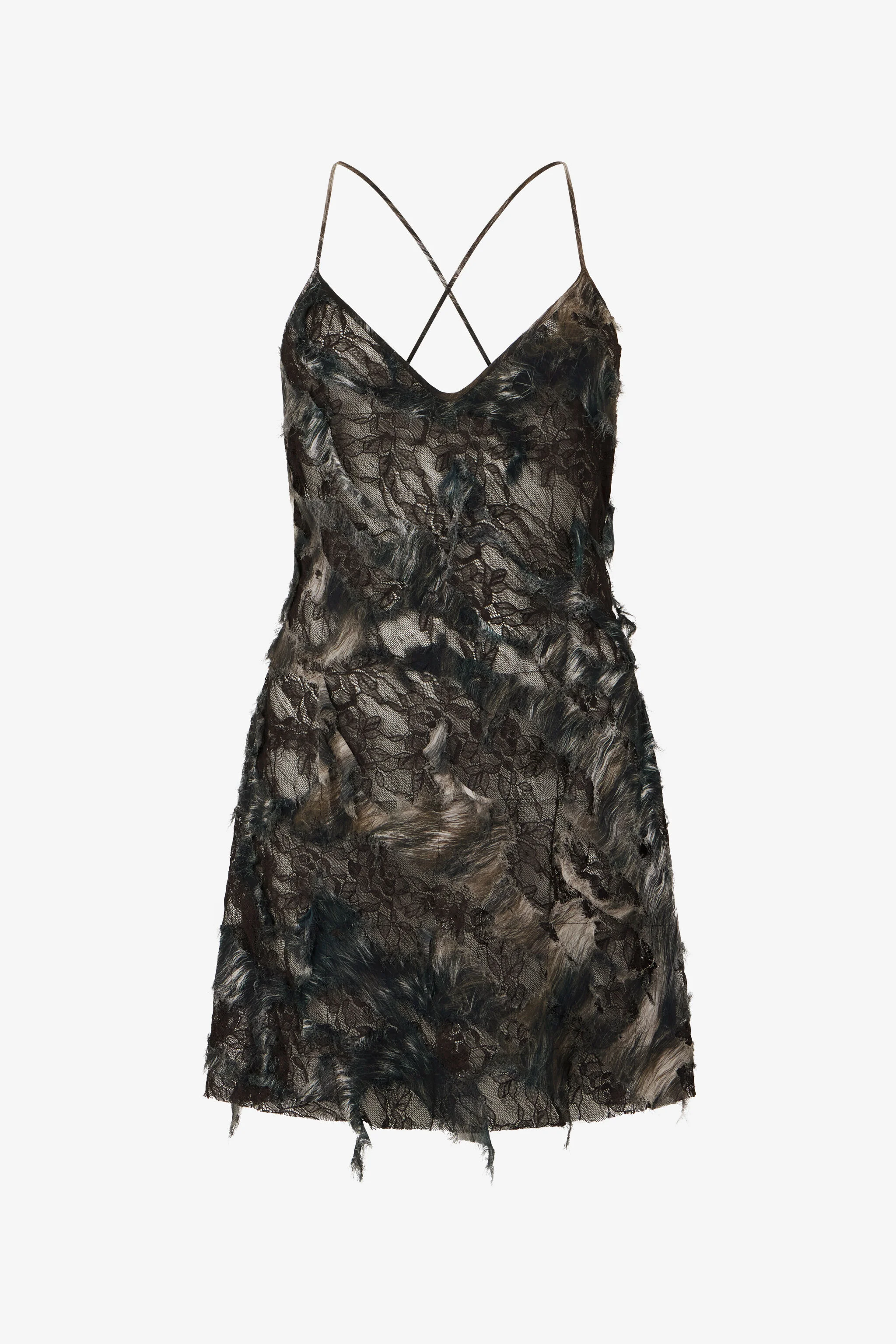 Mini Dress with Fur Print on Destroyed-Effect Lace - 1