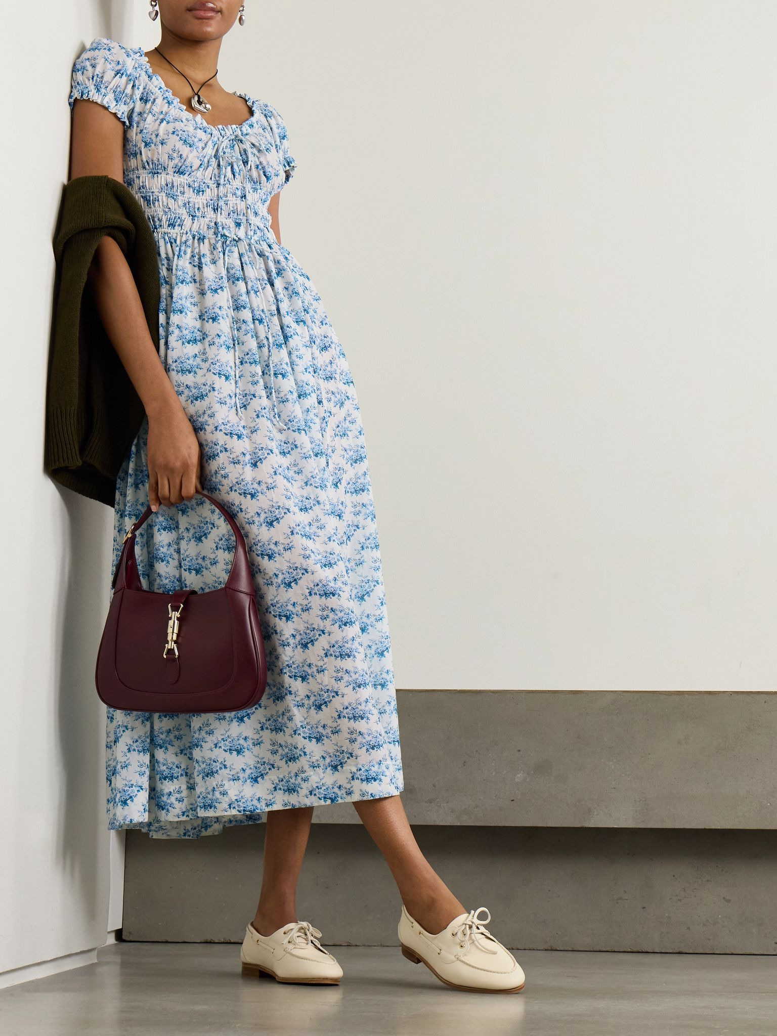 Ashlynn tie-detailed shirred floral-print organic cotton-voile midi dress Blue - 2