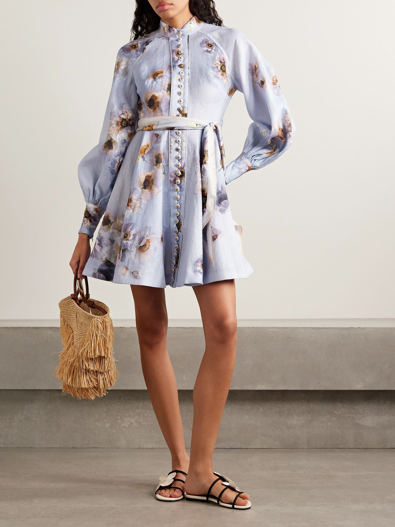 Belted floral-print silk-trimmed linen mini dress Lilac - 2