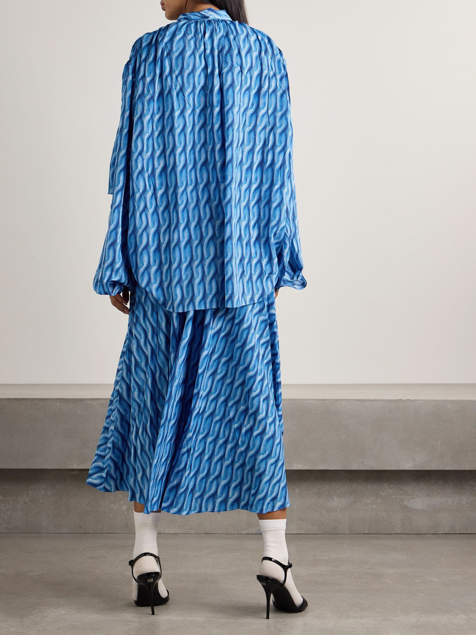 Pussy-bow printed crepe de chine midi shirt dress Azure - 4