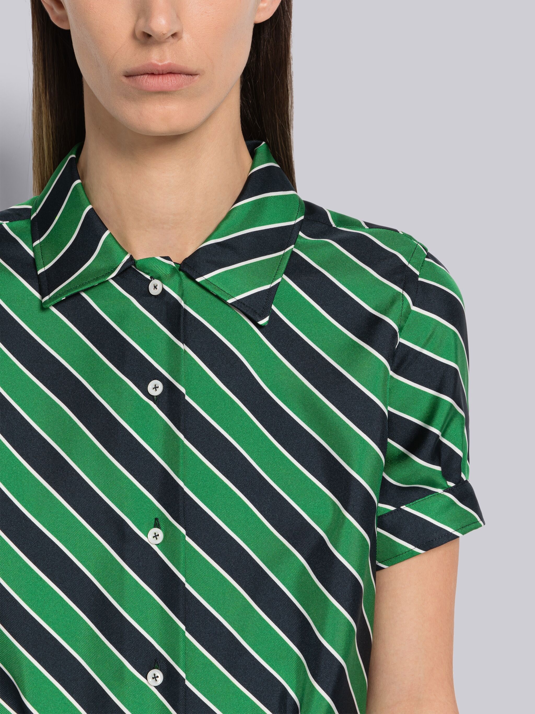 Awning Stripe Silk Short Sleeve Tucked Blouse - 5
